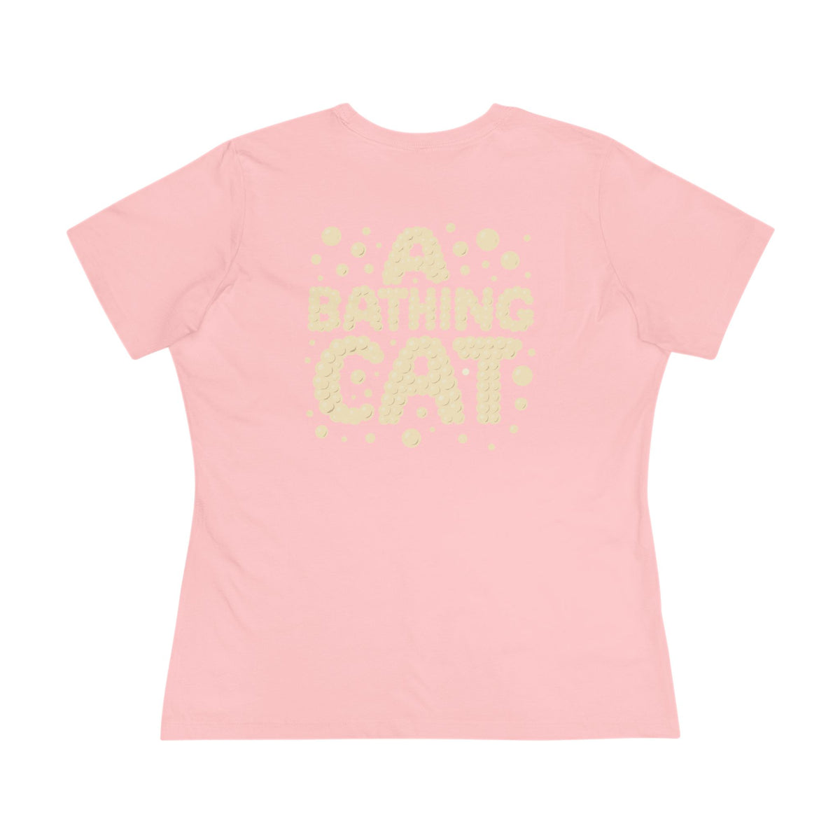 A Bathing Cat Camo Bath Drip Women's Graphic T-Shirt in pink, flat lay, back