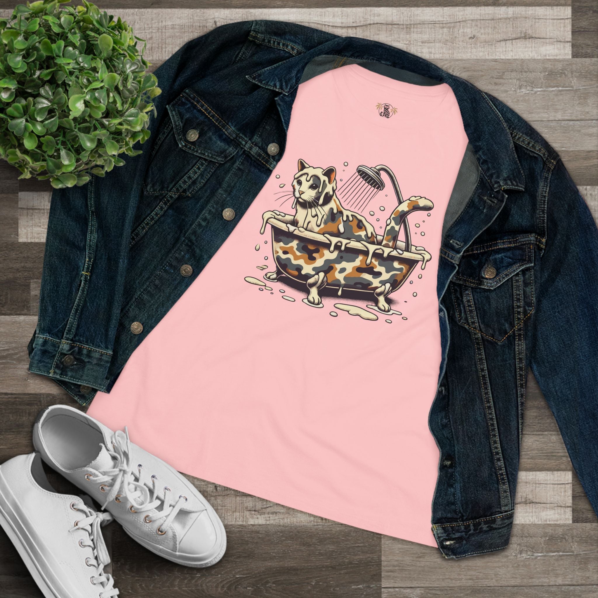 A Bathing Cat Camo Bath Drip Women's Graphic T-Shirt in pink, flat lay