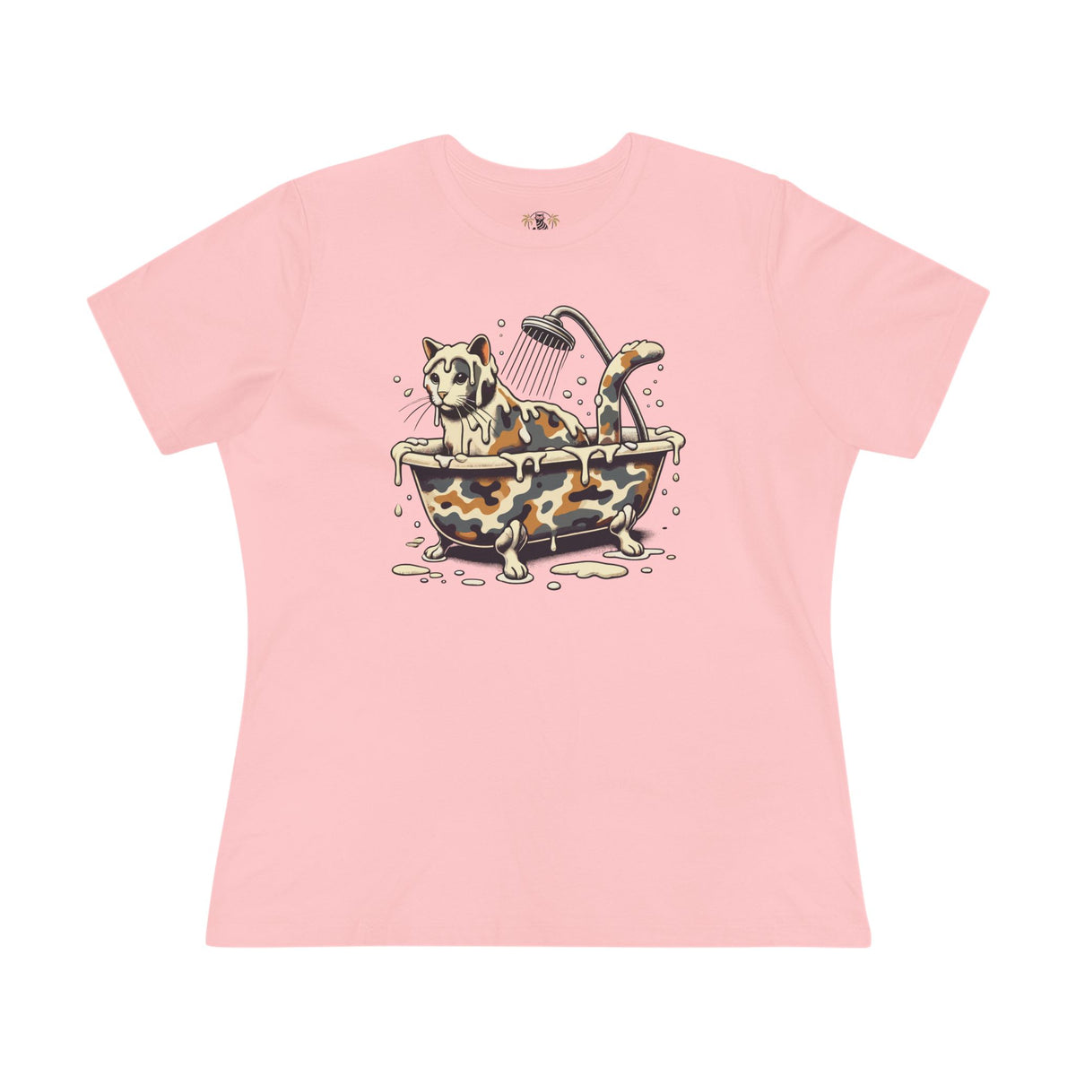 A Bathing Cat Camo Bath Drip Women's Graphic T-Shirt in pink, front view