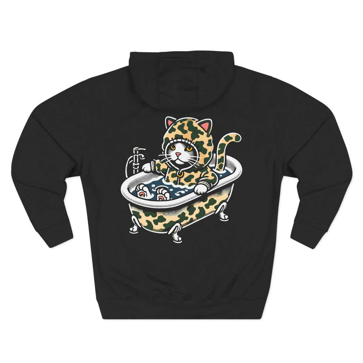 A Bathing Cat Circle Chest Logo Back Cat Graphic Print Black Hoodie, back view