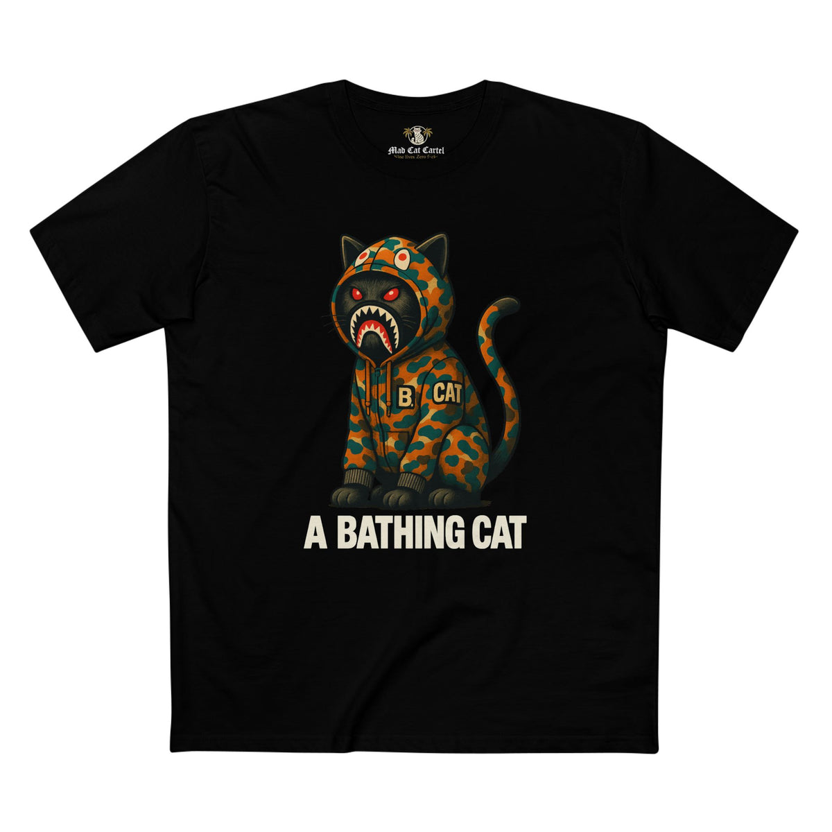 A Bathing Cat Jungle Predator Graphic T-Shirt in black, front view