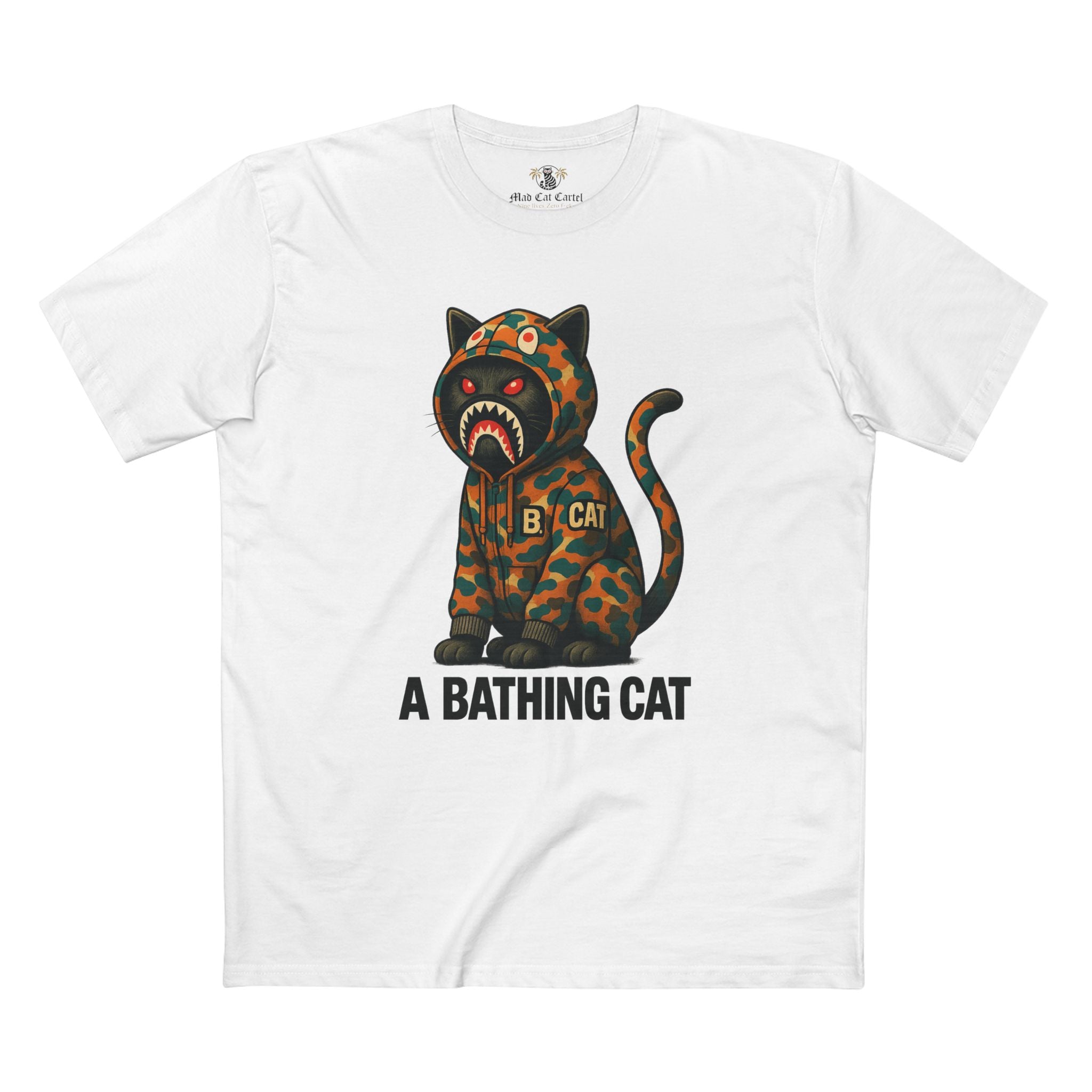 A Bathing Cat Jungle Predator Graphic T-Shirt in white, front view