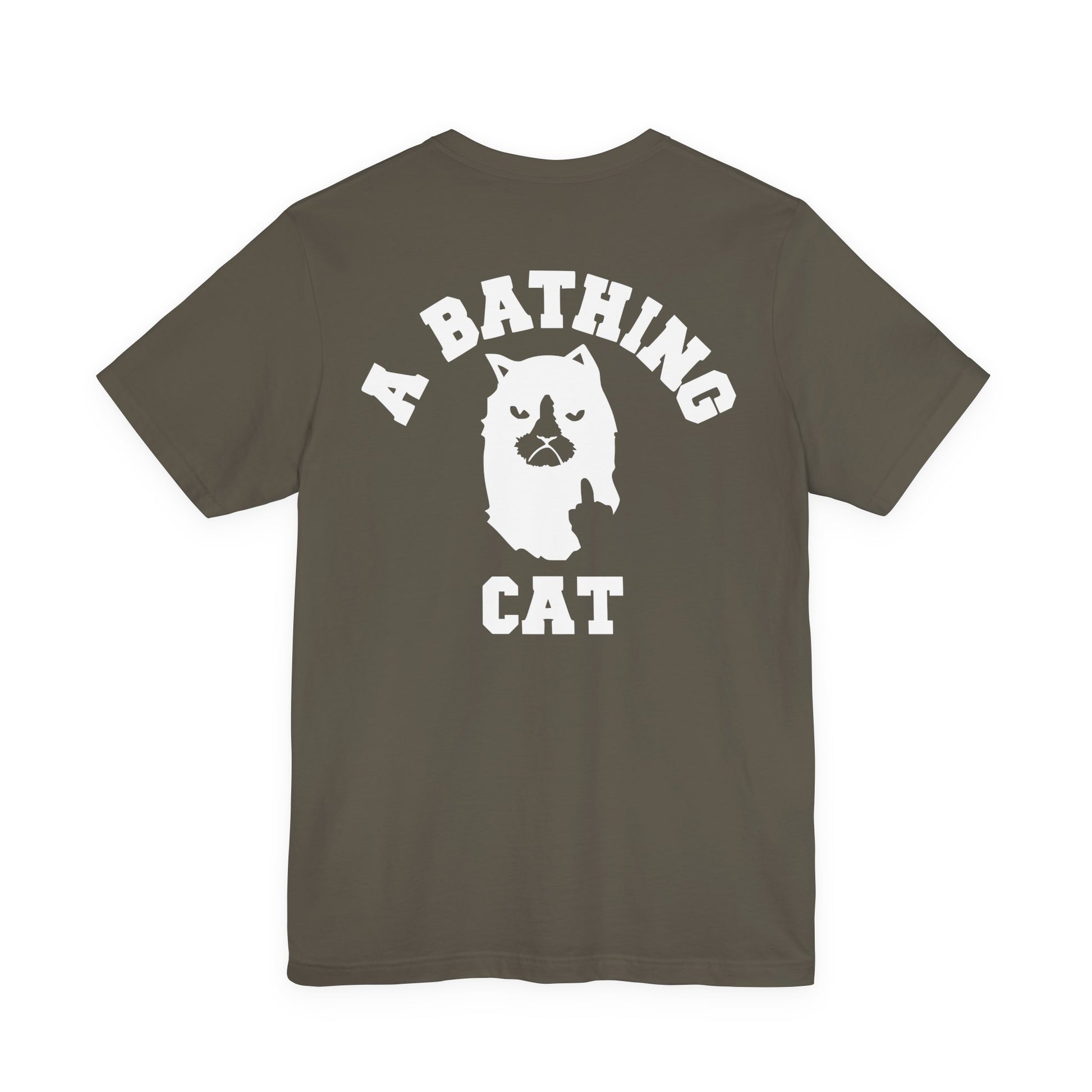 back view of army A Bathing Cat logo print t shirt, casual cotton tee