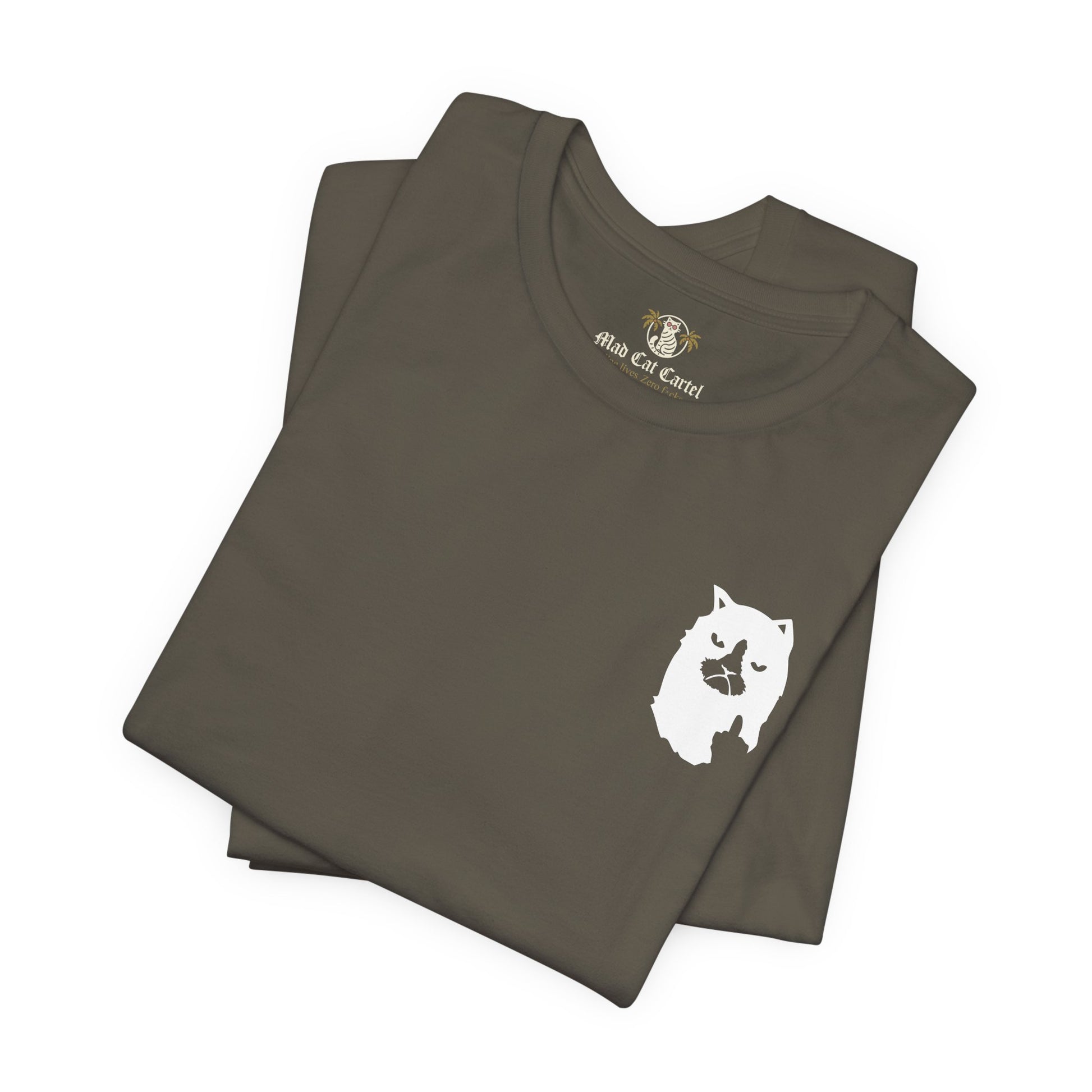 folded army green cat graphic t shirt, casual cotton cat lover tee