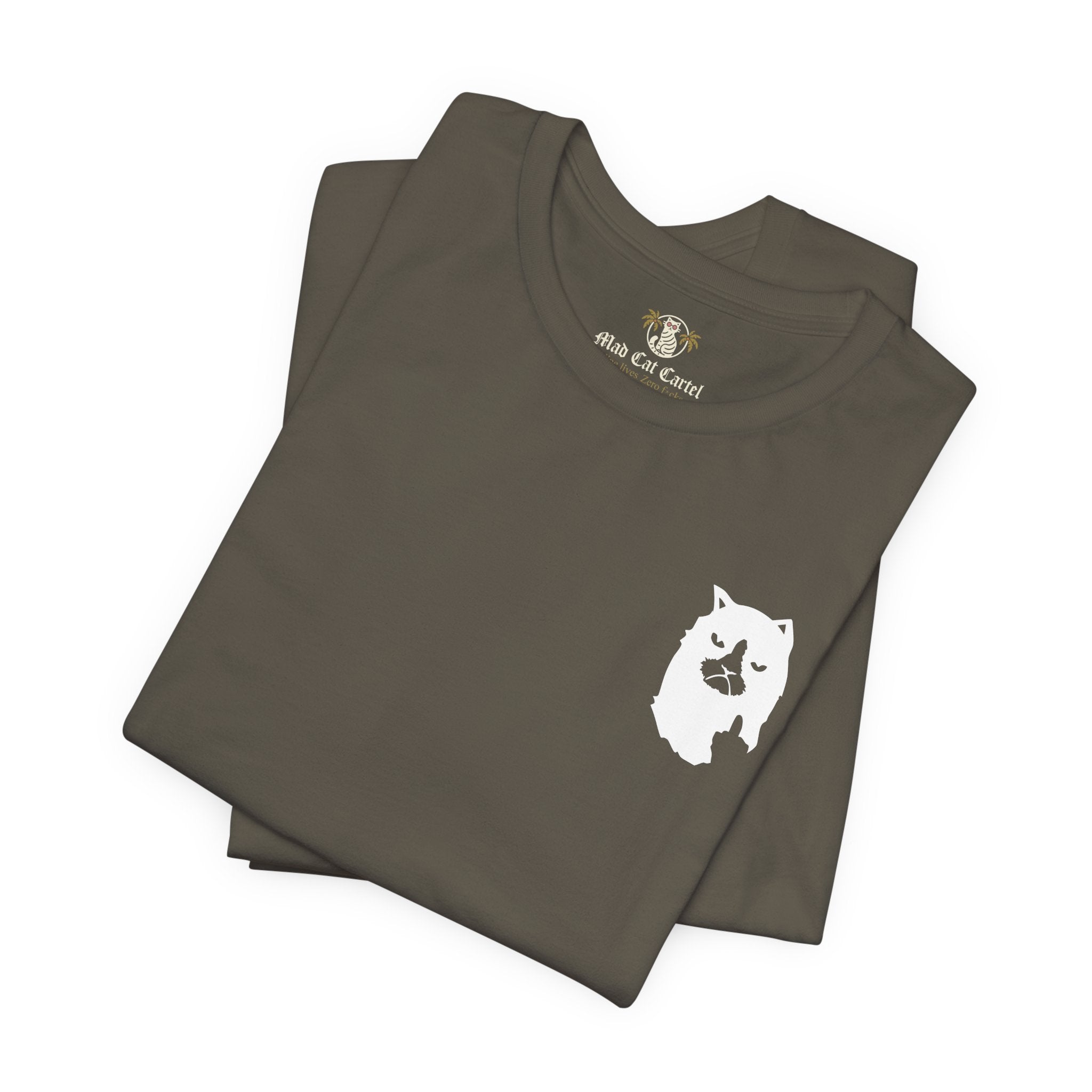 folded army green cat graphic t shirt, casual cotton cat lover tee