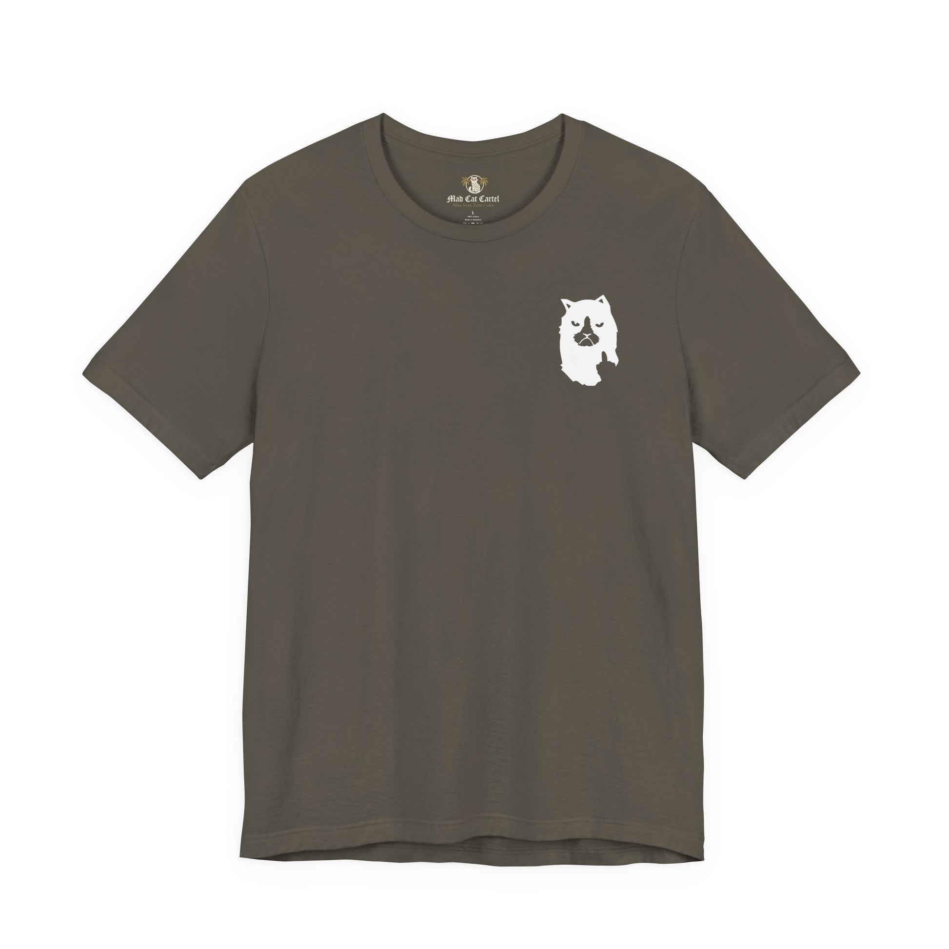 front view of army green A Bathing Cat logo t shirt, unique gifts for cat lovers