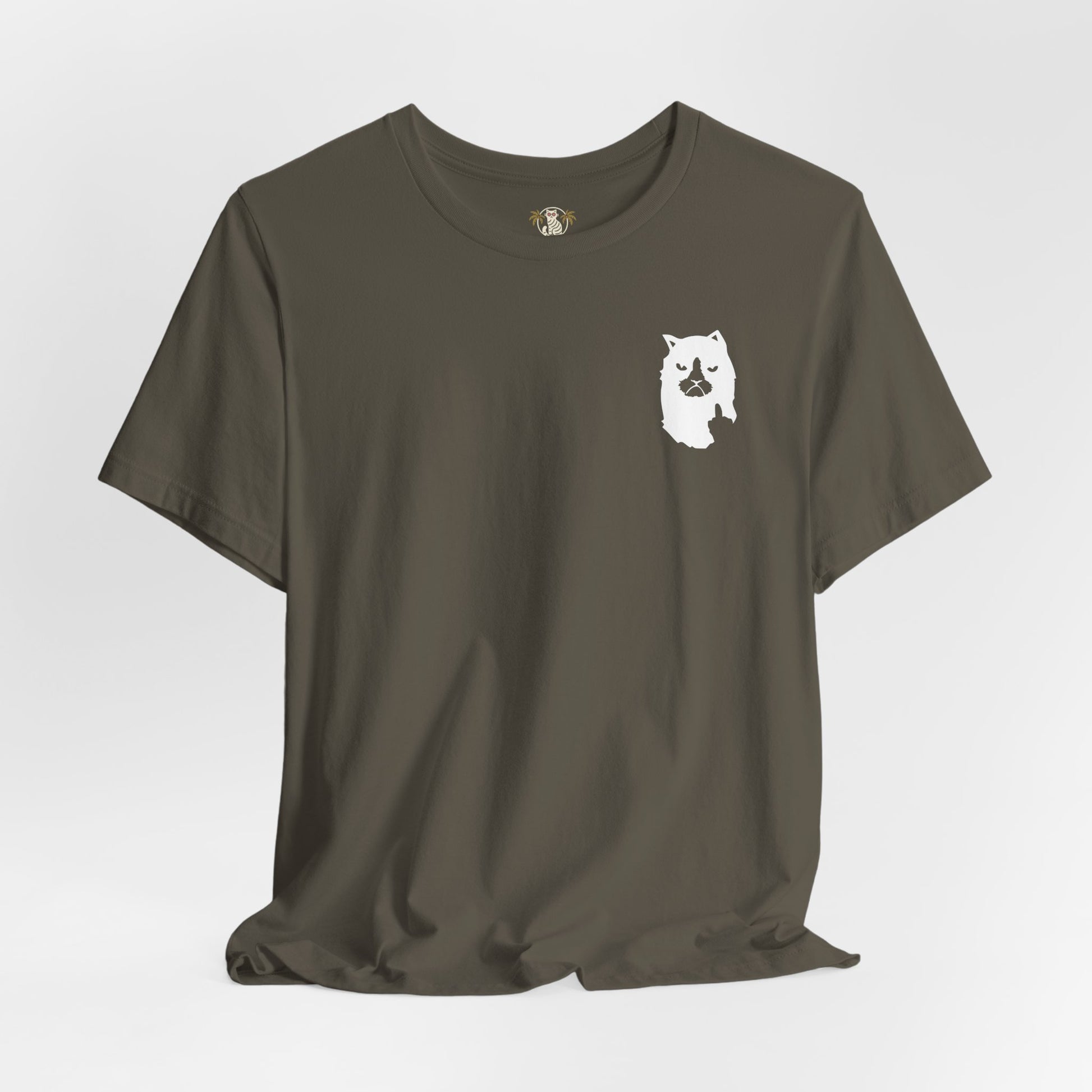 army green logo print t shirt, cotton streetwear for cat lovers, studio photo