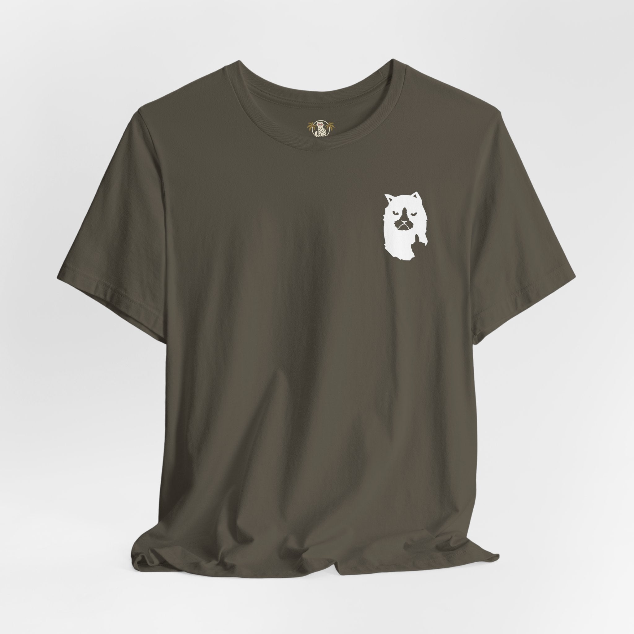 army green logo print t shirt, cotton streetwear for cat lovers, studio photo
