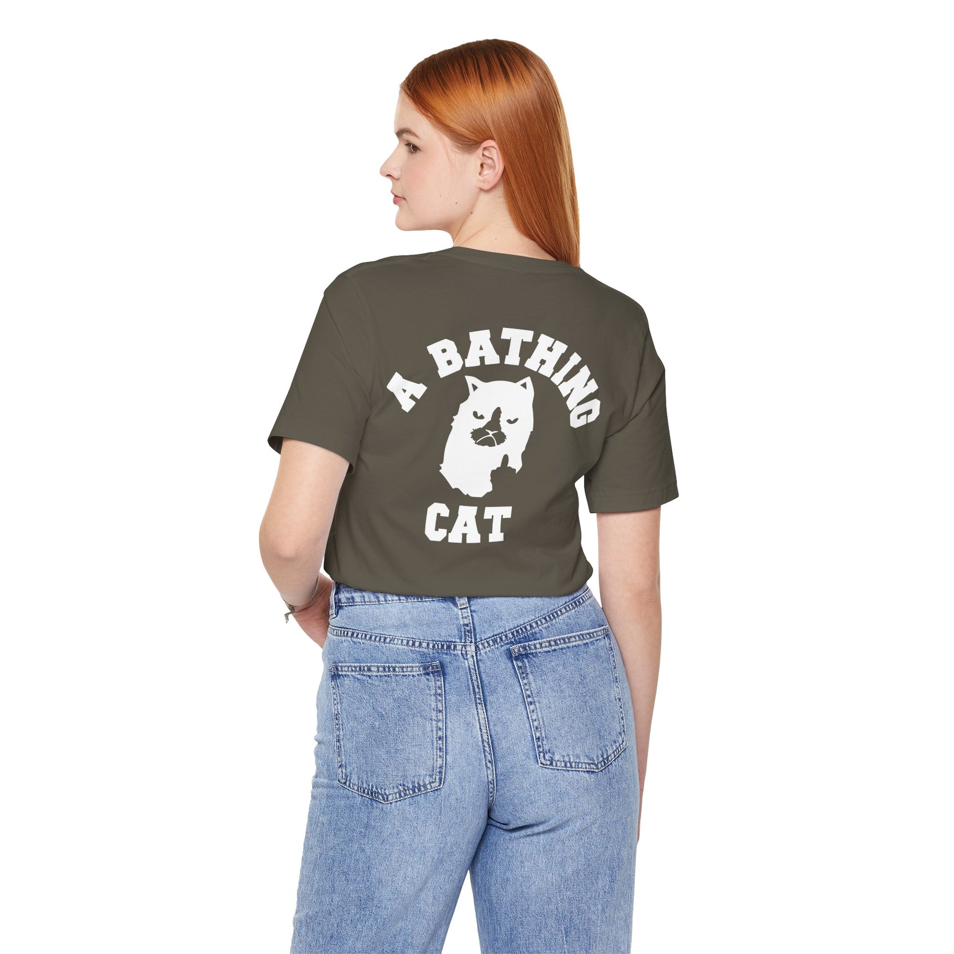 back view of female model in army A Bathing Cat t shirt, funny cat themed shirt