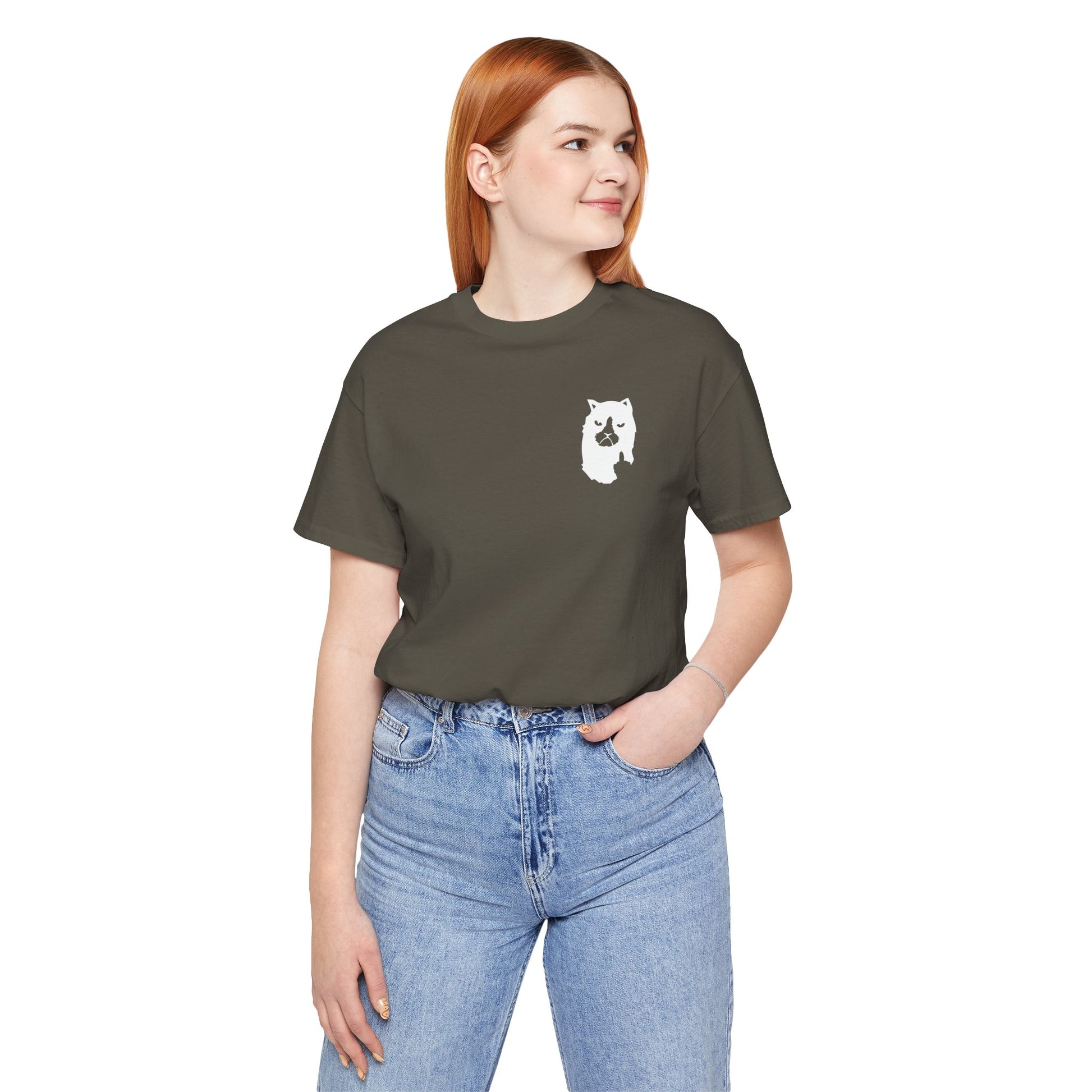 front view of female model wearing army logo t shirt, soft cotton shirt for everyday wear