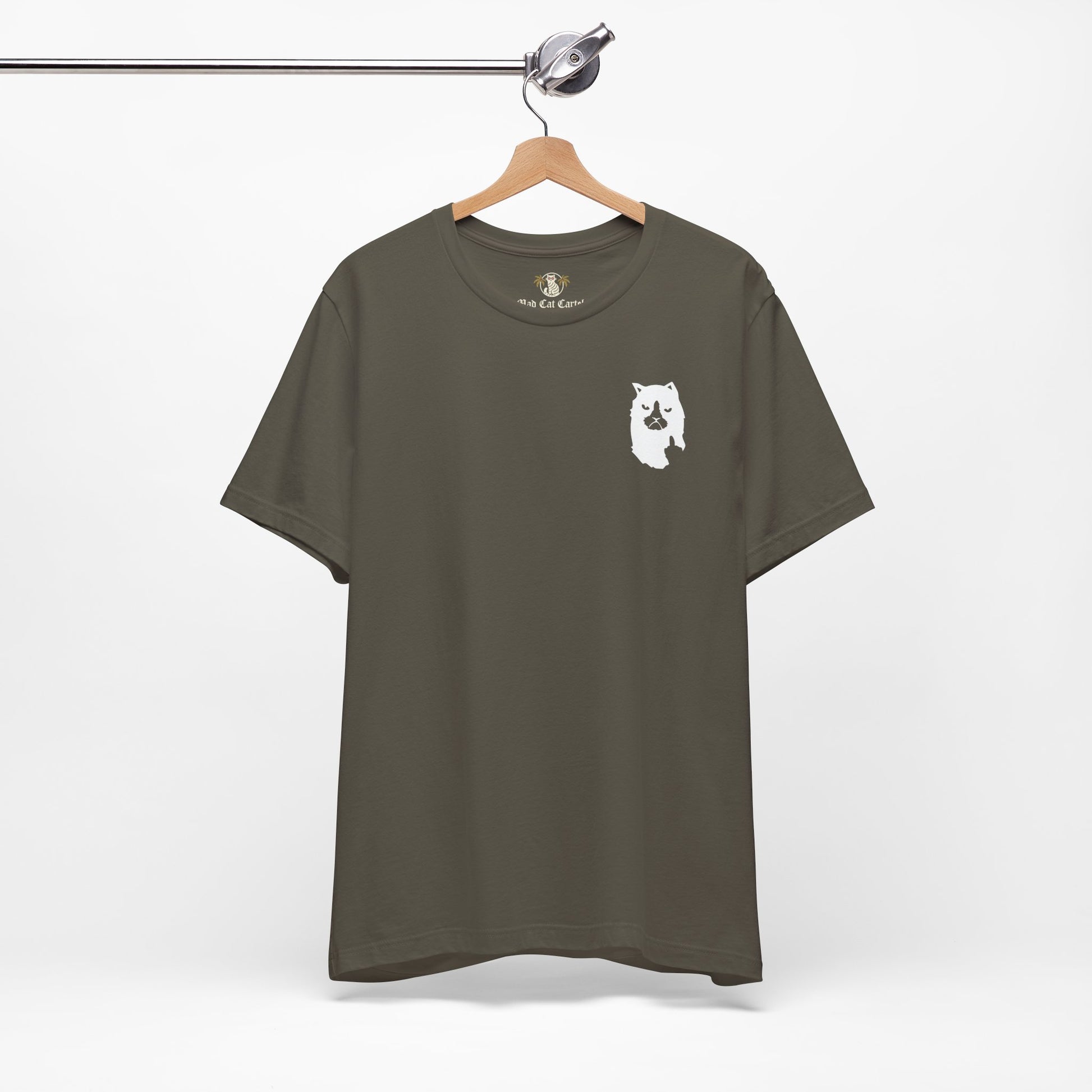 hanging army green logo print t shirt, cotton streetwear for cat lovers
