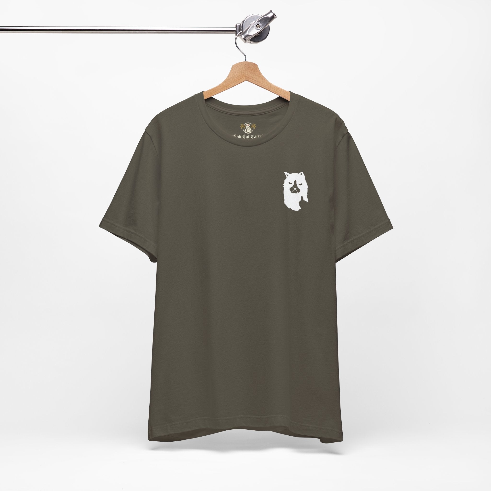 hanging army green logo print t shirt, cotton streetwear for cat lovers