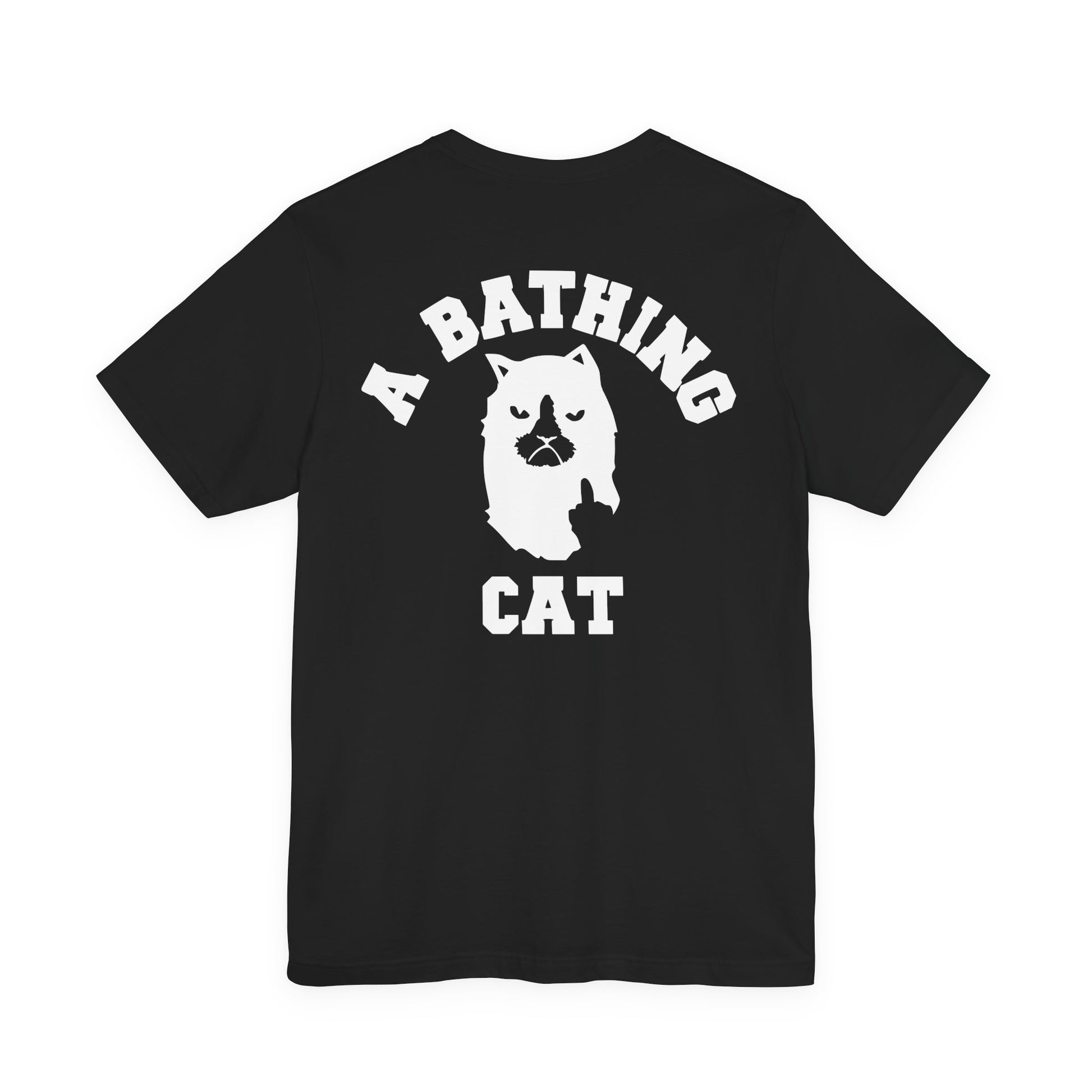 back view of black A Bathing Cat logo print t shirt, casual cotton tee