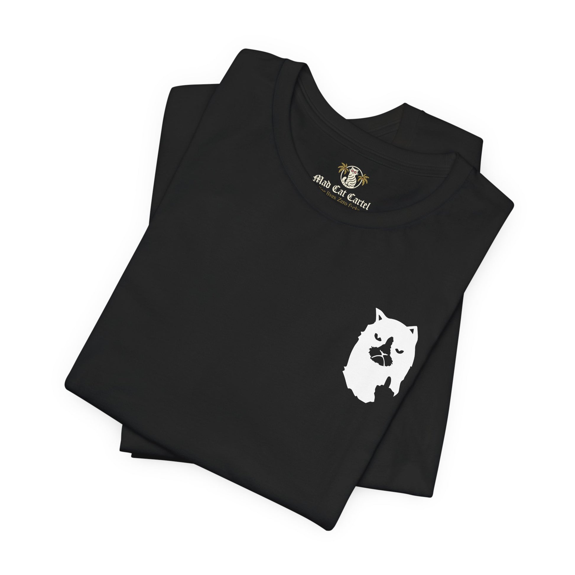 folded black logo print t shirt, casual cotton cat lover tee