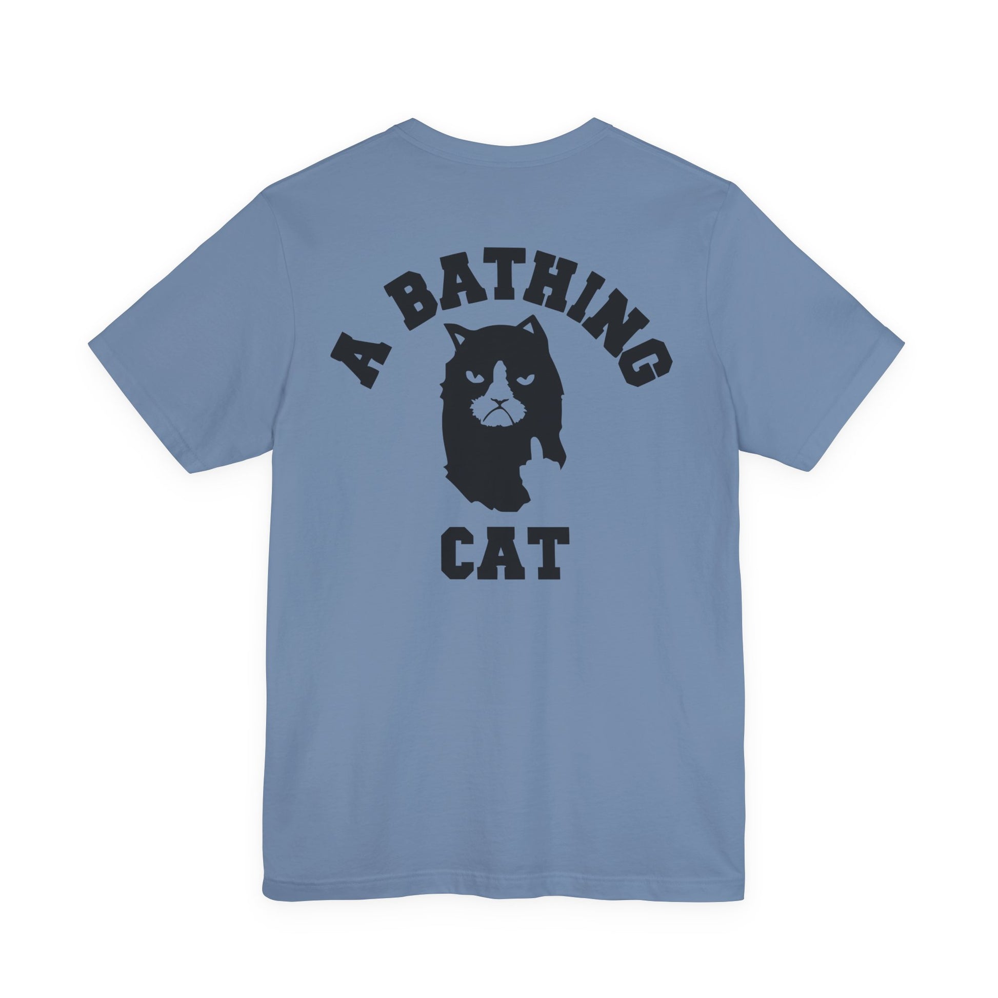 back view of steel blue logo t shirt, casual cotton tee for cat lovers