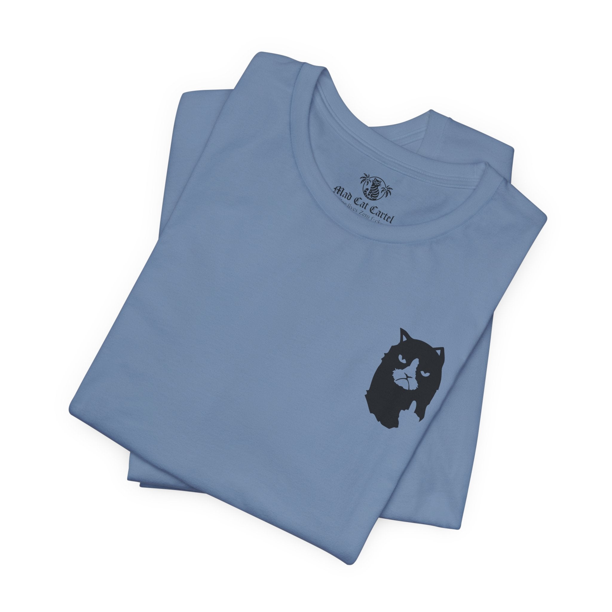 folded steel blue tee, cotton cat themed shirt for men and women