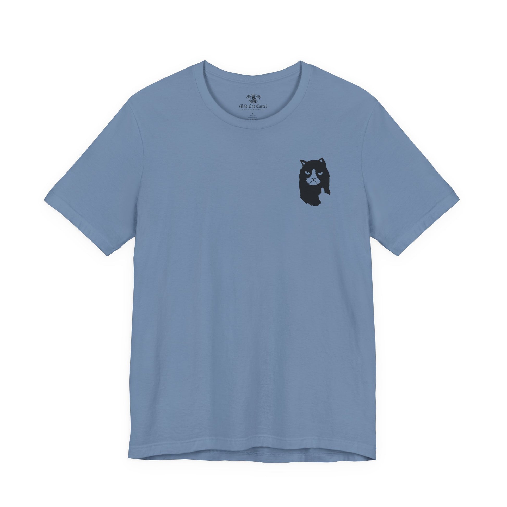 front of steel blue A Bathing Cat Logo Print T Shirt for Cat Lovers, funny t shirts for men