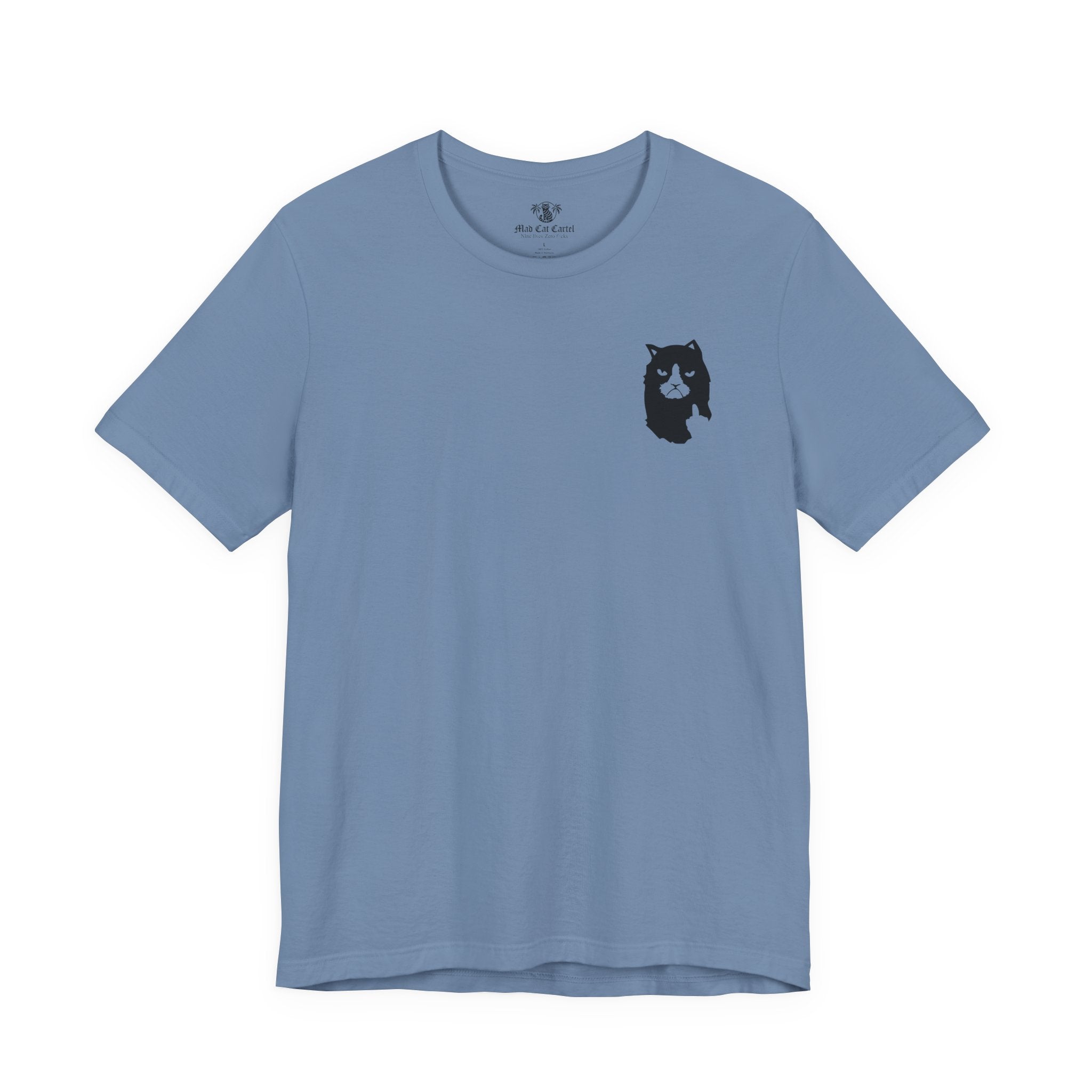 front of steel blue A Bathing Cat Logo Print T Shirt for Cat Lovers, funny t shirts for men