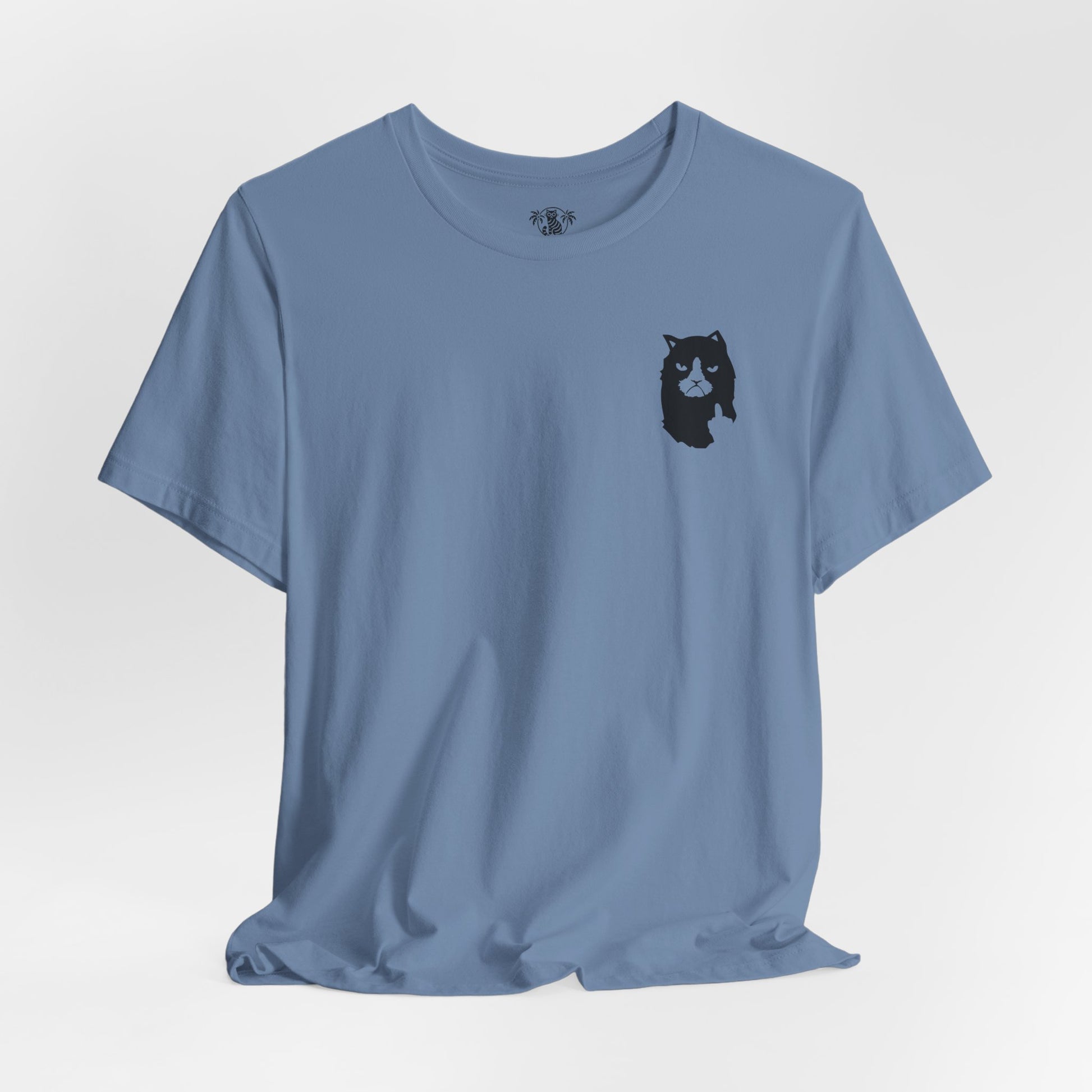 Steel blue A Bathing Cat logo print t-shirt by Mad Cat Cartel, relaxed fit graphic tee for cat fans, studio photo