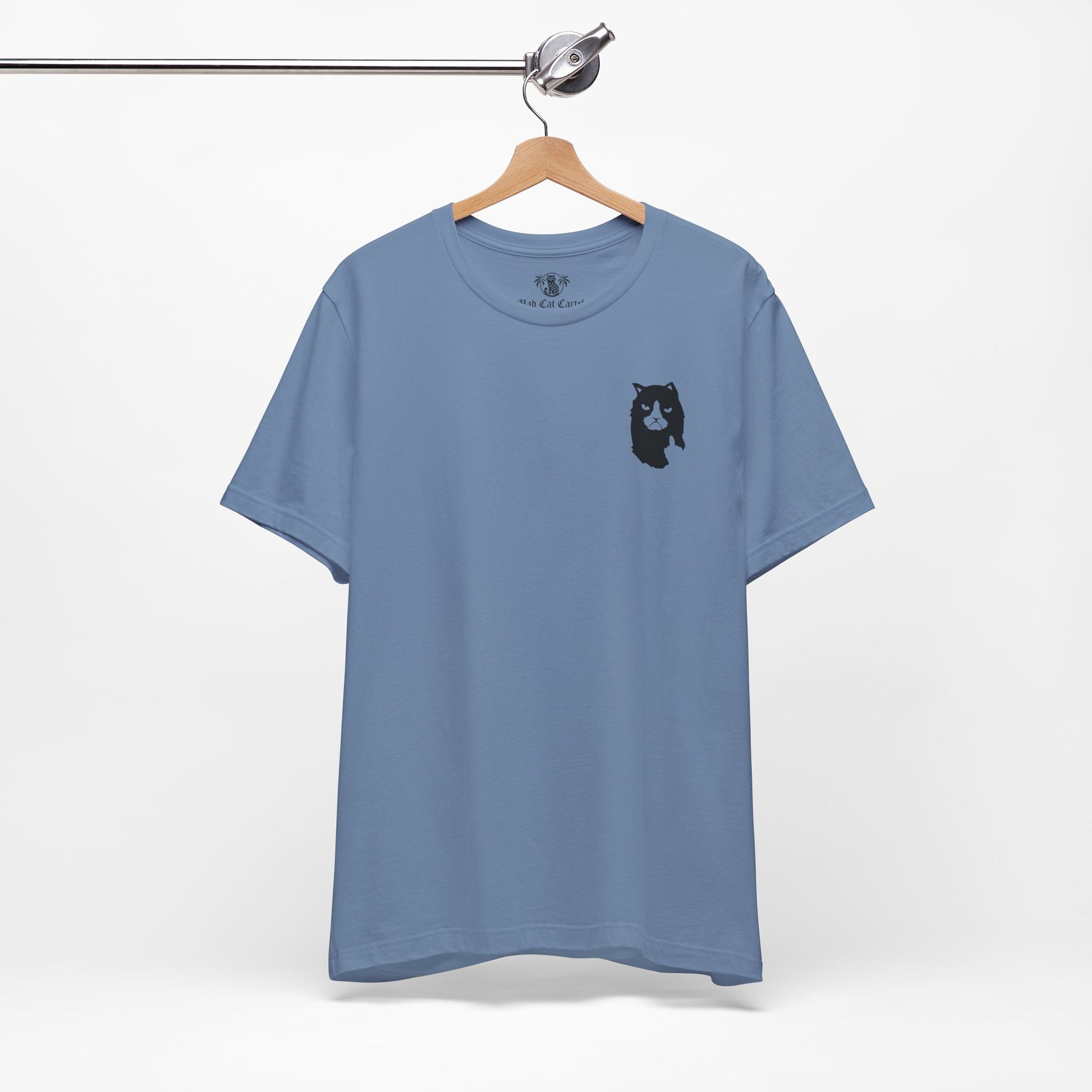 hanging steel blue A Bathing Cat logo t shirt, cool cat themed apparel