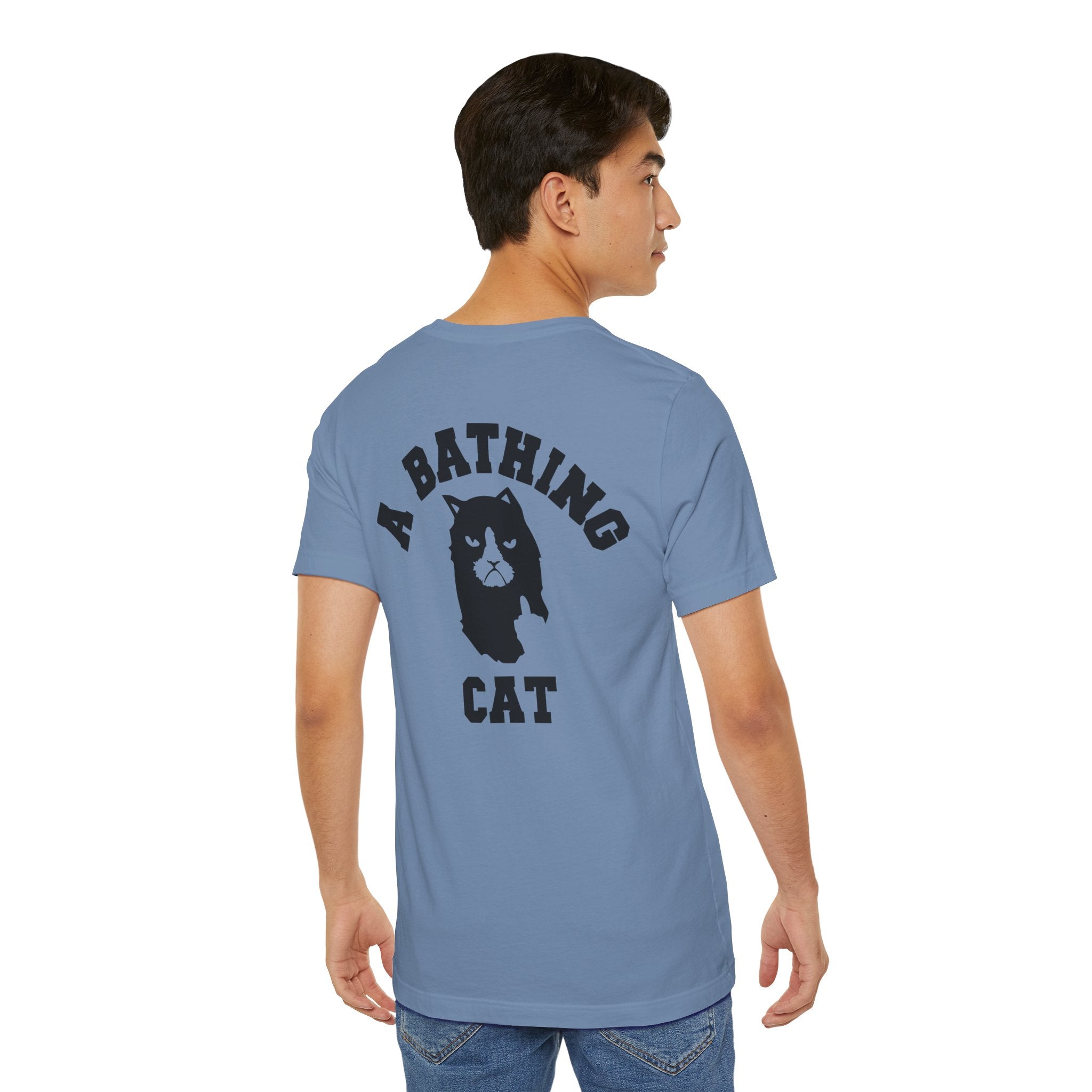 back view of male model wearing steel blue A Bathing Cat t shirt, relaxed streetwear outfit