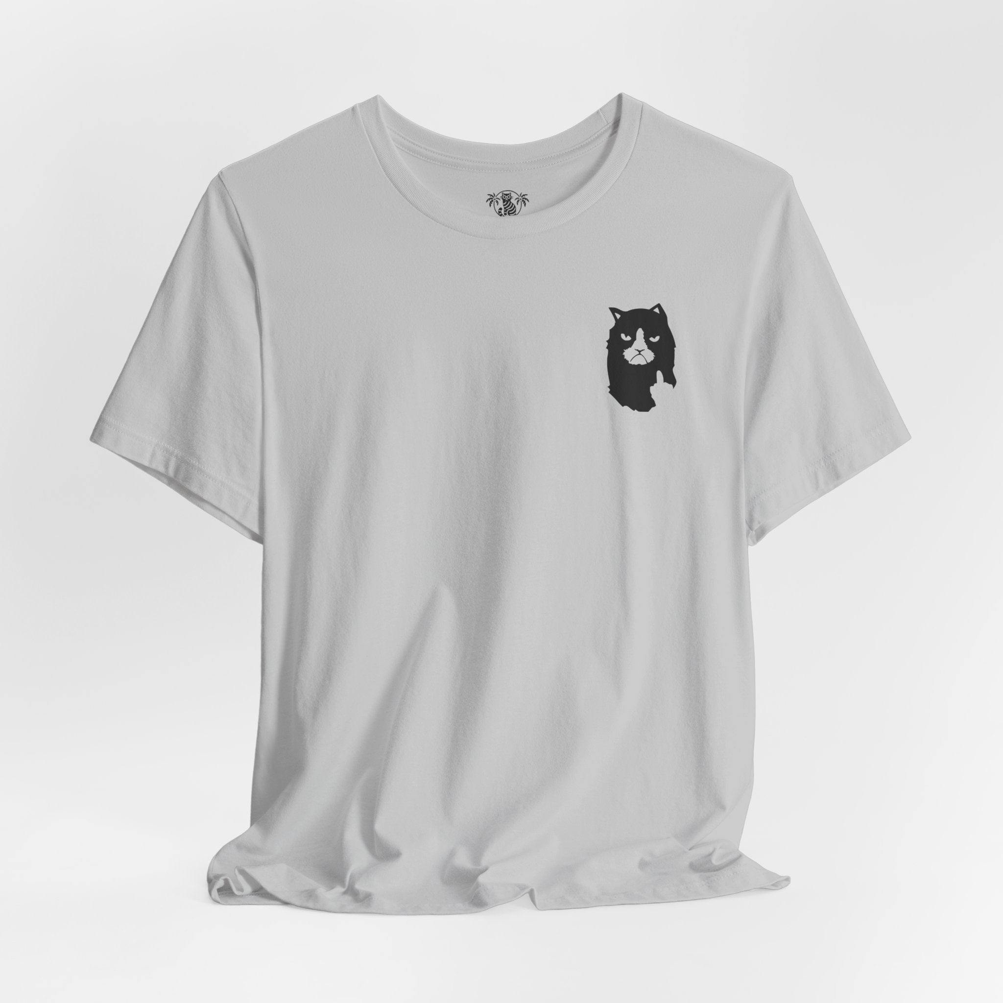 studio photo of light gray A Bathing Cat logo t shirt, unique gifts for cat lovers