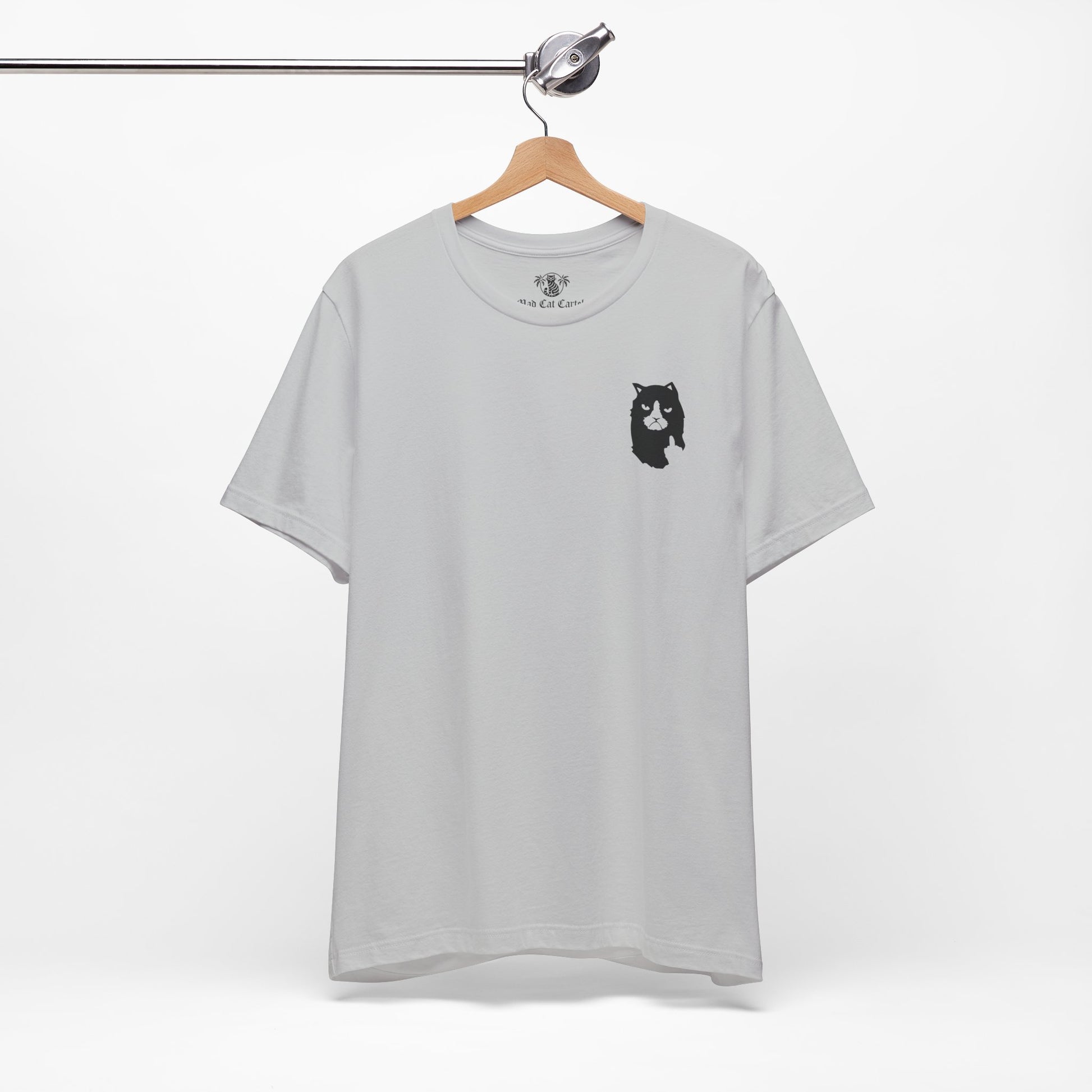 hanging light gray A Bathing Cat logo t shirt, funny gifts for cat lovers
