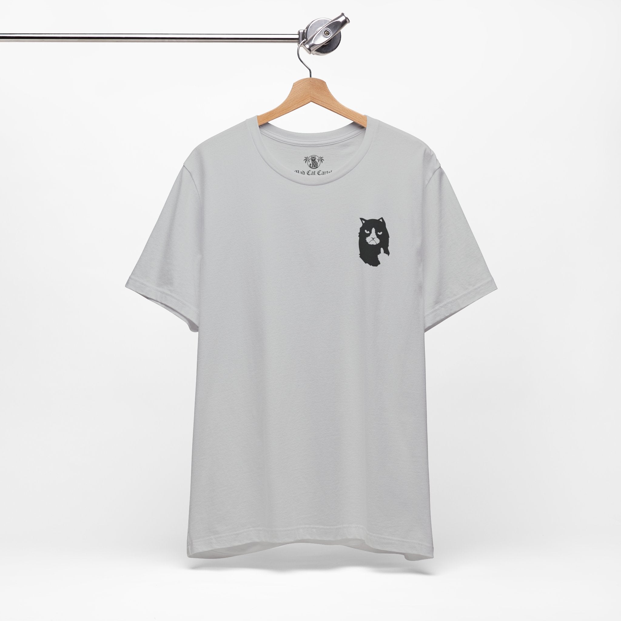 hanging light gray A Bathing Cat logo t shirt, funny gifts for cat lovers