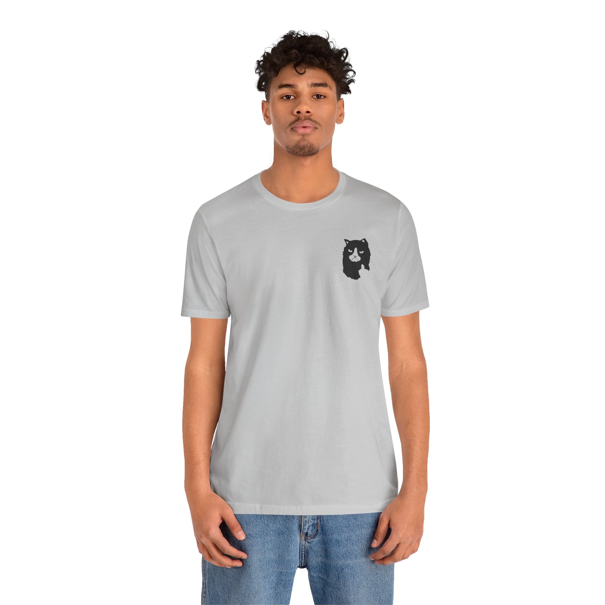 male model wearing light gray A Bathing Cat logo t shirt, relaxed streetwear look