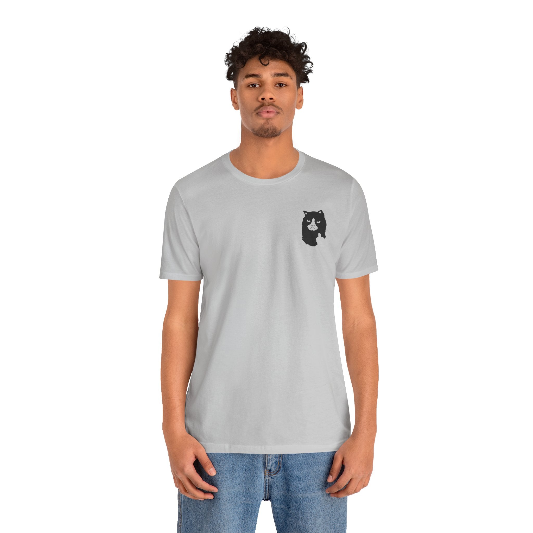 male model wearing light gray A Bathing Cat logo t shirt, relaxed streetwear look