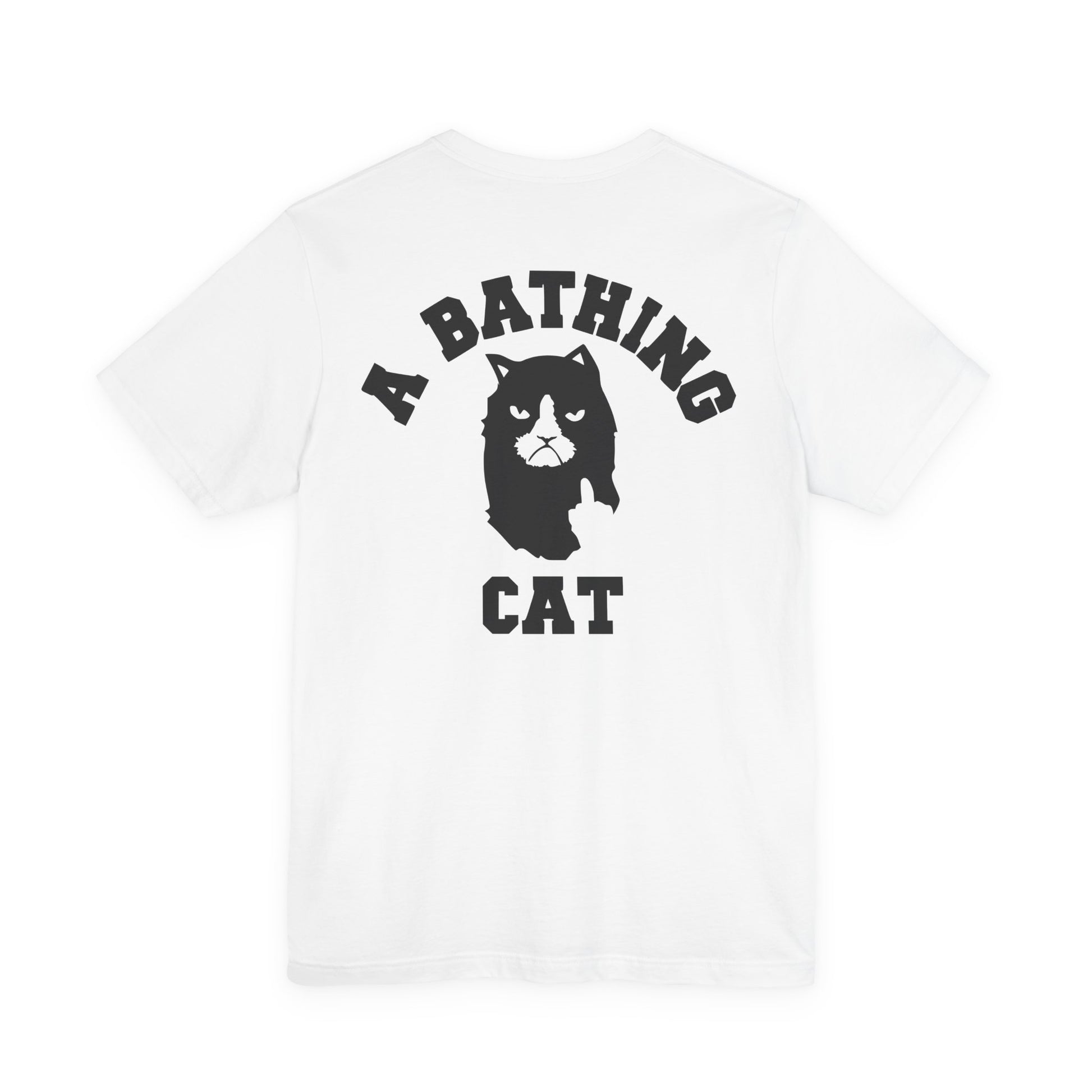 white A Bathing Cat tee with logo, cool casual cat shirt, back view