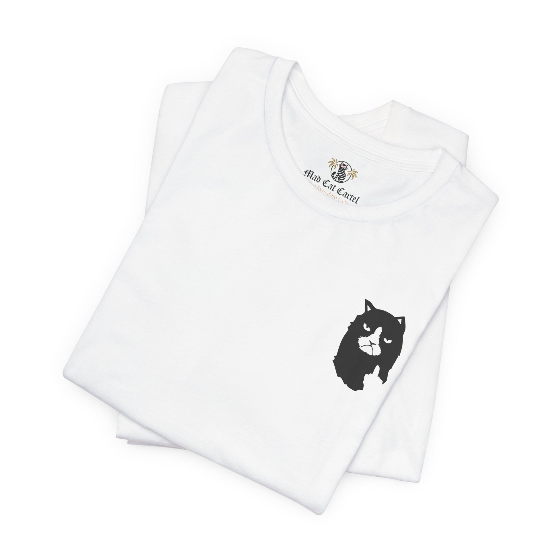 folded white logo print t shirts, cotton cat themed apparel for cat lovers