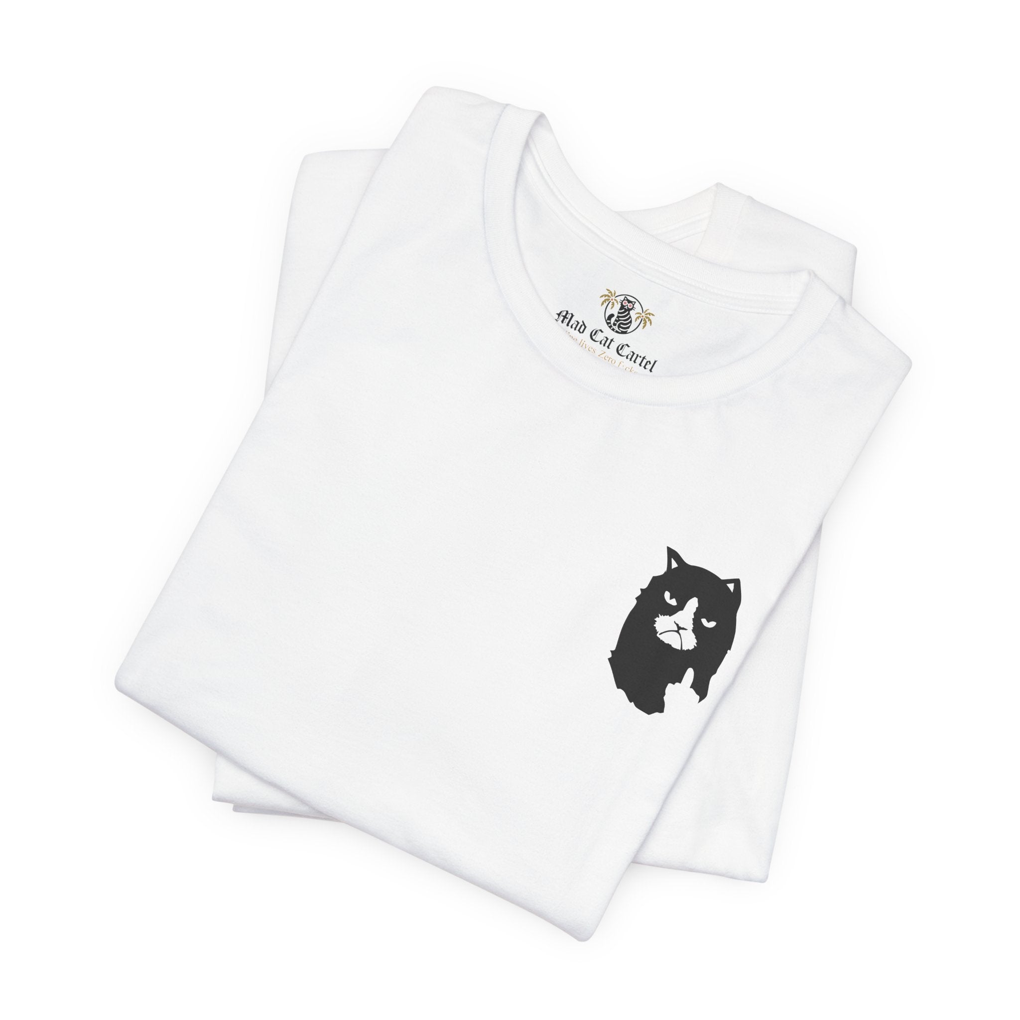 folded white logo print t shirts, cotton cat themed apparel for cat lovers