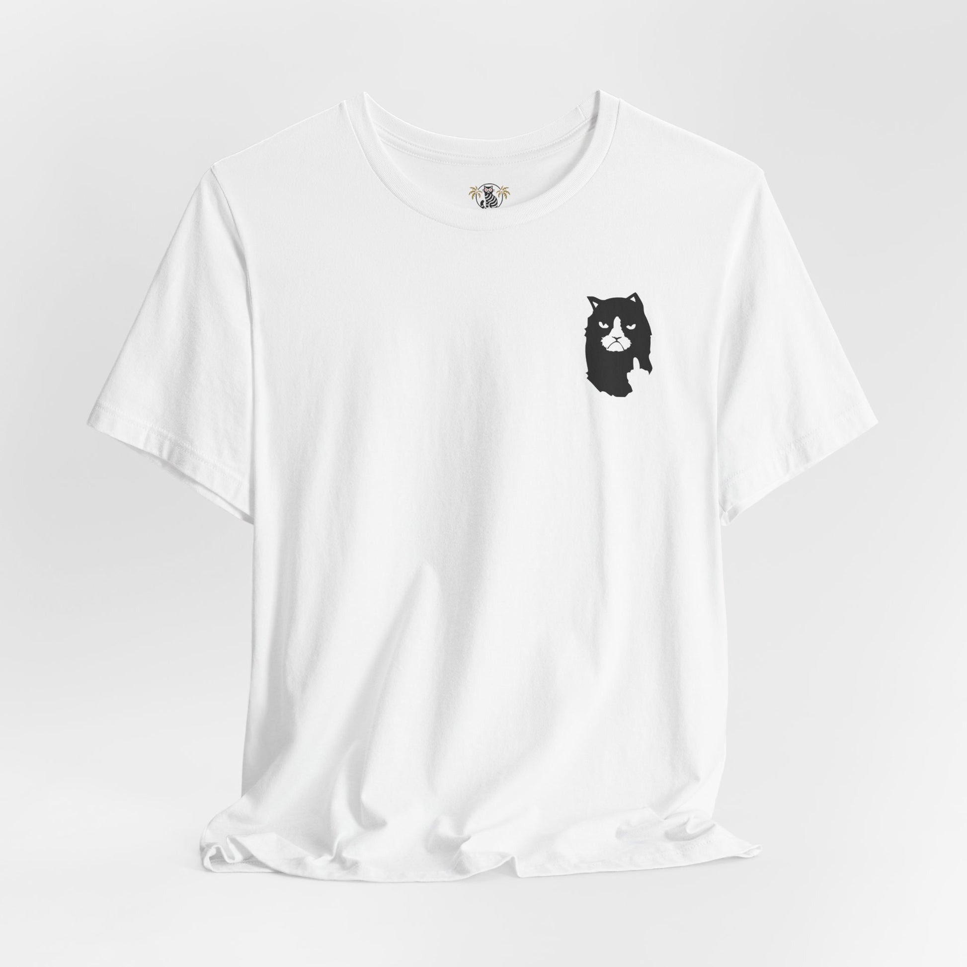 studio photo of white logo t shirt, funny cotton tee for cat enthusiasts