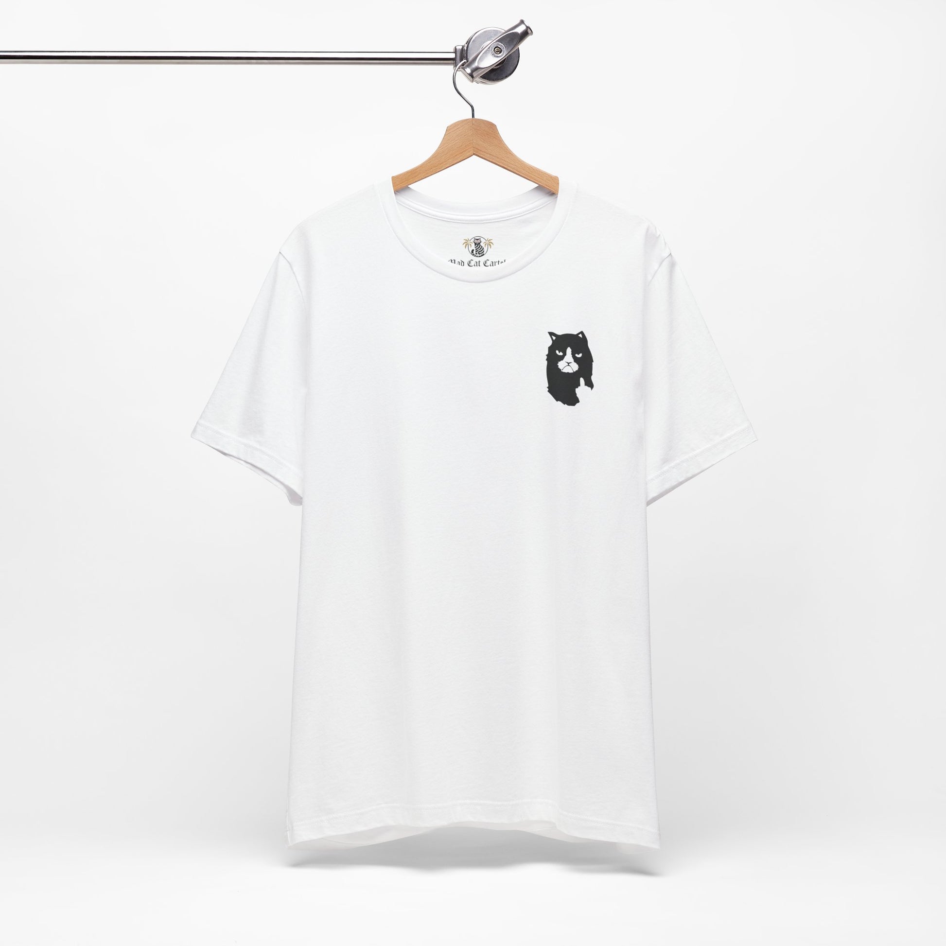 white logo t shirt on hanger, funny cotton tee for cat lovers