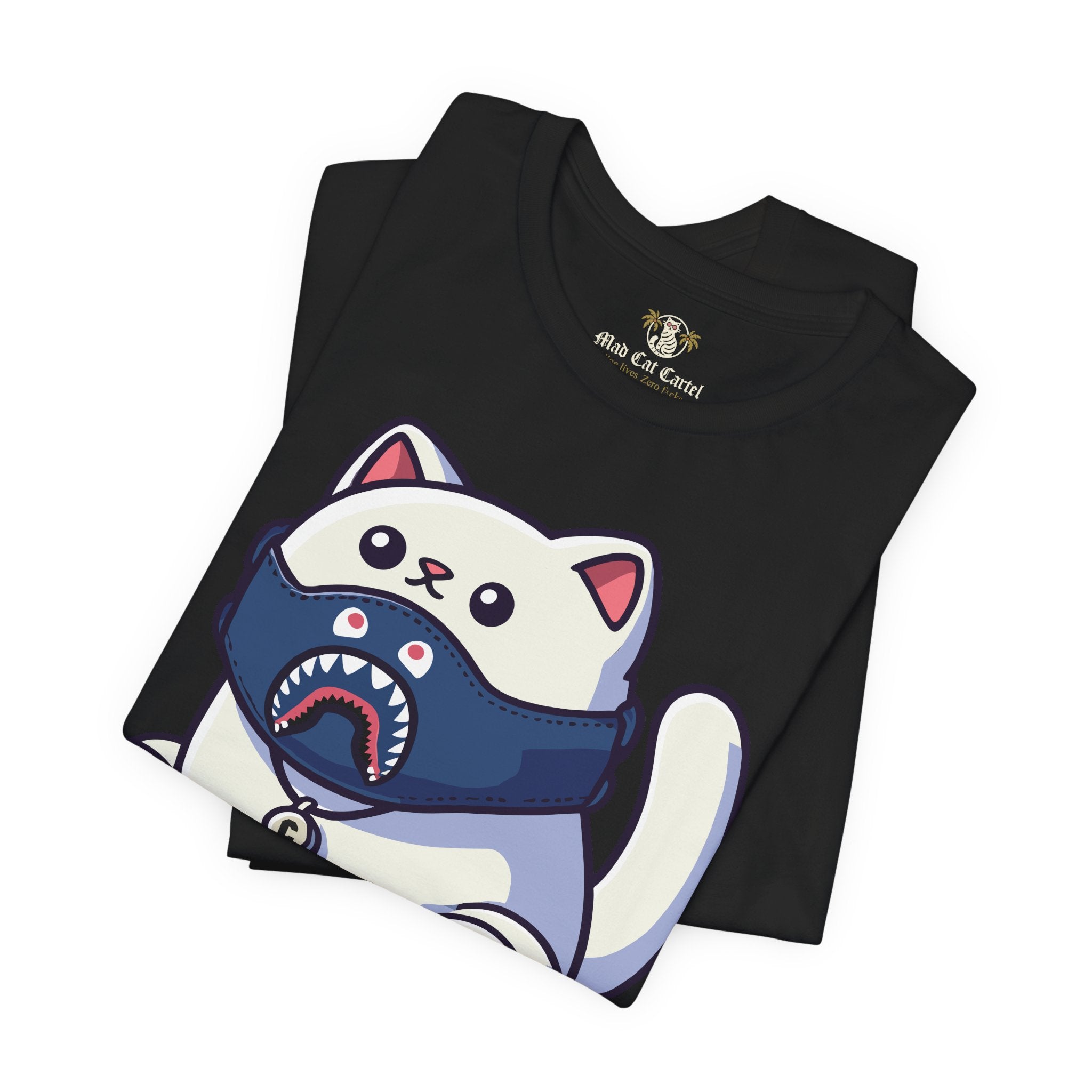 A Bathing Cat Masked Kitty Graphic T-Shirt in black, folded