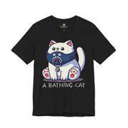 A Bathing Cat Masked Kitty Graphic T Shirt in black, funny cat shirt, front view