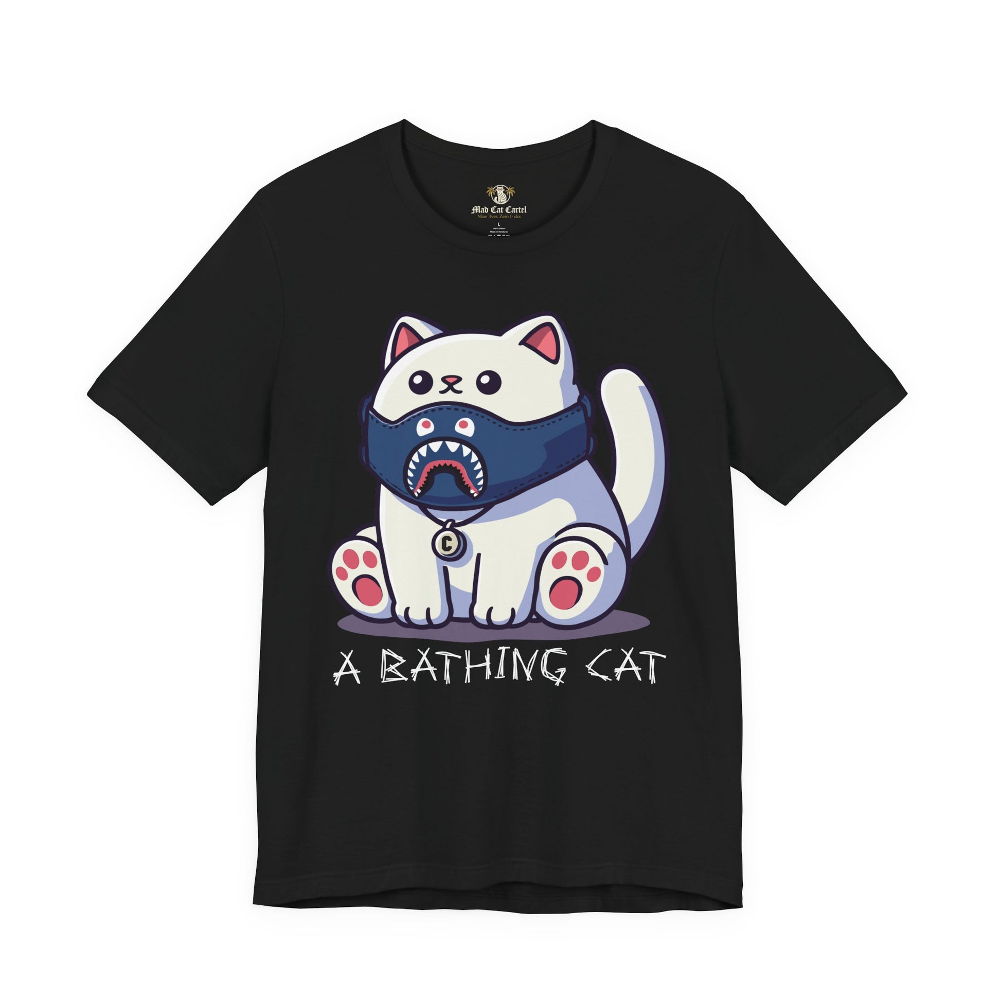 A Bathing Cat Masked Kitty Graphic T Shirt in black, funny cat shirt, front view