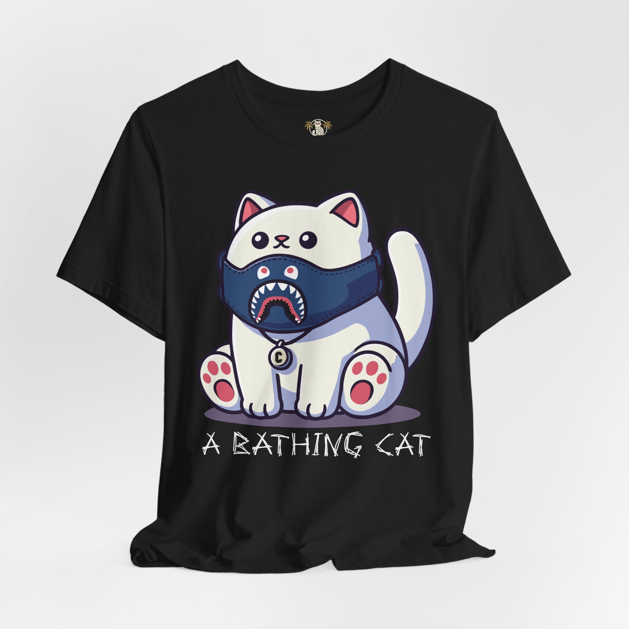 studio photo of black A Bathing Cat tee, soft cotton cat themed shirt