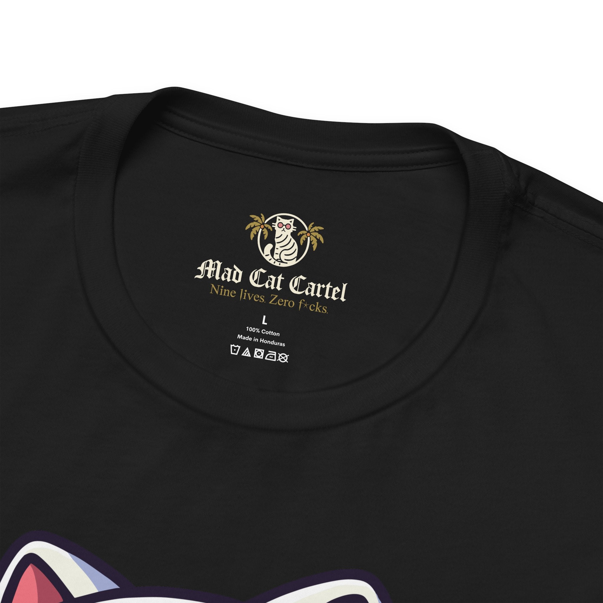 close-up of neckline and print detail, black cotton cat graphic t shirt