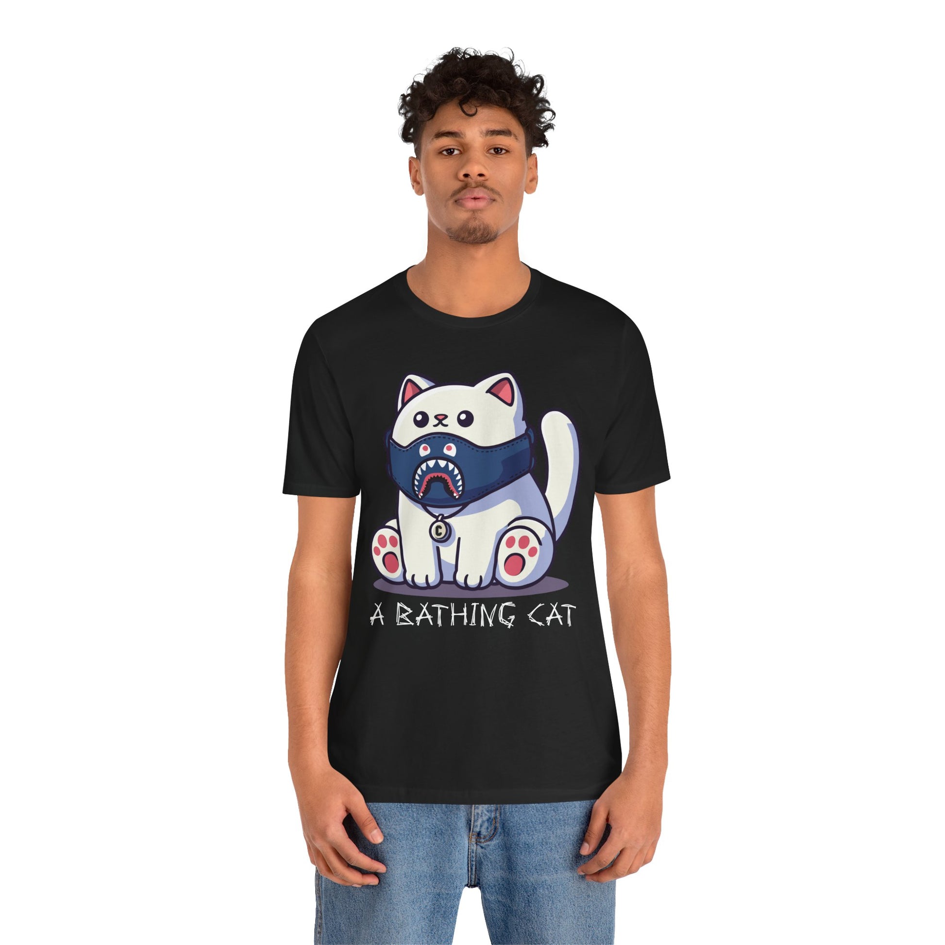 male model wearing black A Bathing Cat Masked Kitty tee, funny adult shirt
