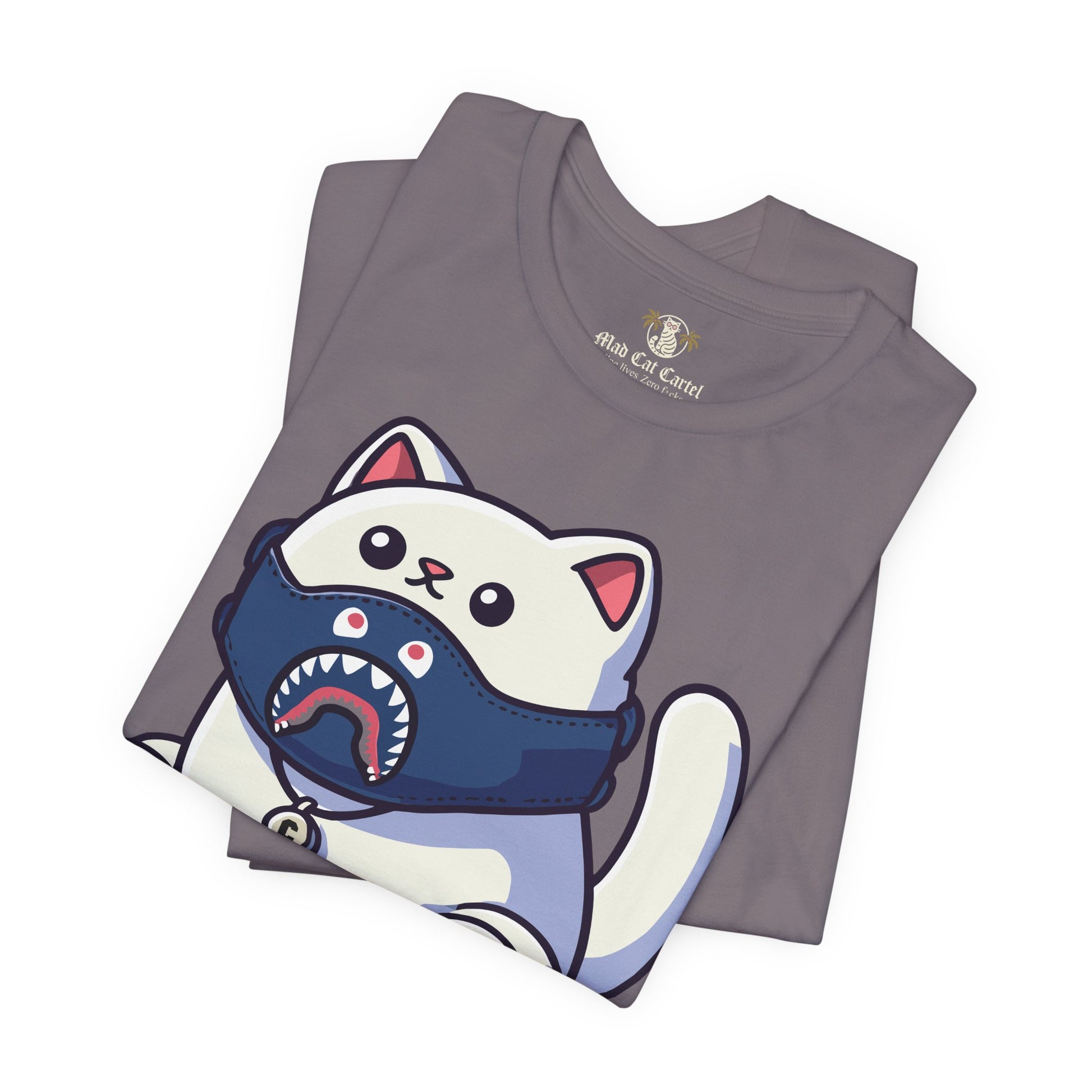 folded storm gray A Bathing Cat t shirt, unique cat themed gift idea