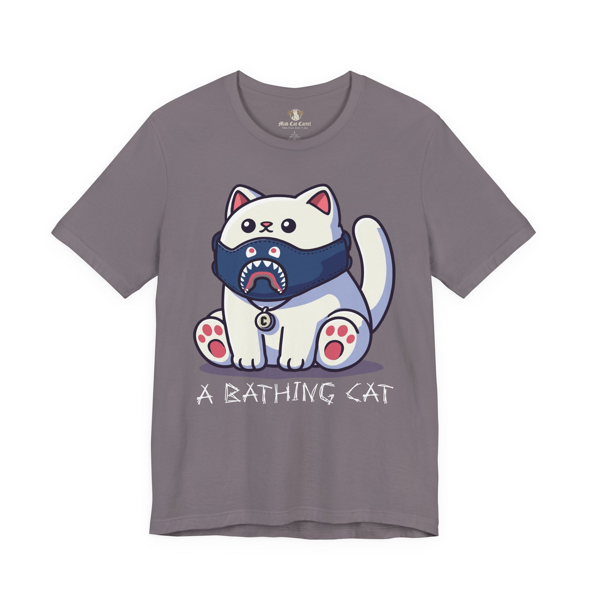 storm gray A Bathing Cat Masked Kitty Graphic T Shirt front view, funny adult shirts