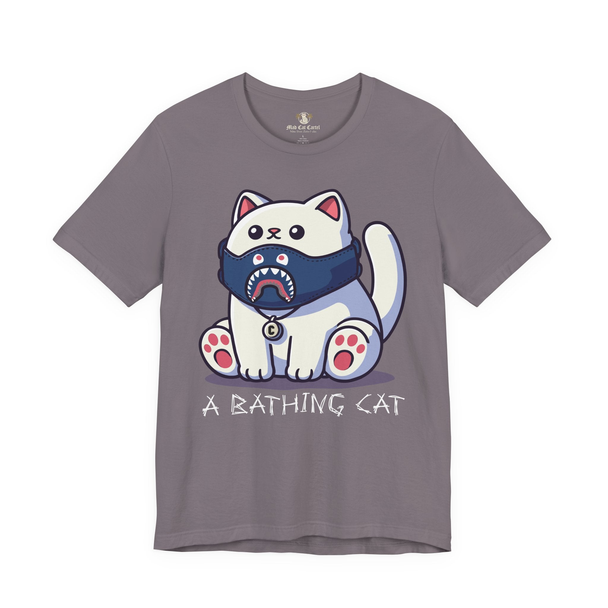 storm gray A Bathing Cat Masked Kitty Graphic T Shirt front view, funny adult shirts