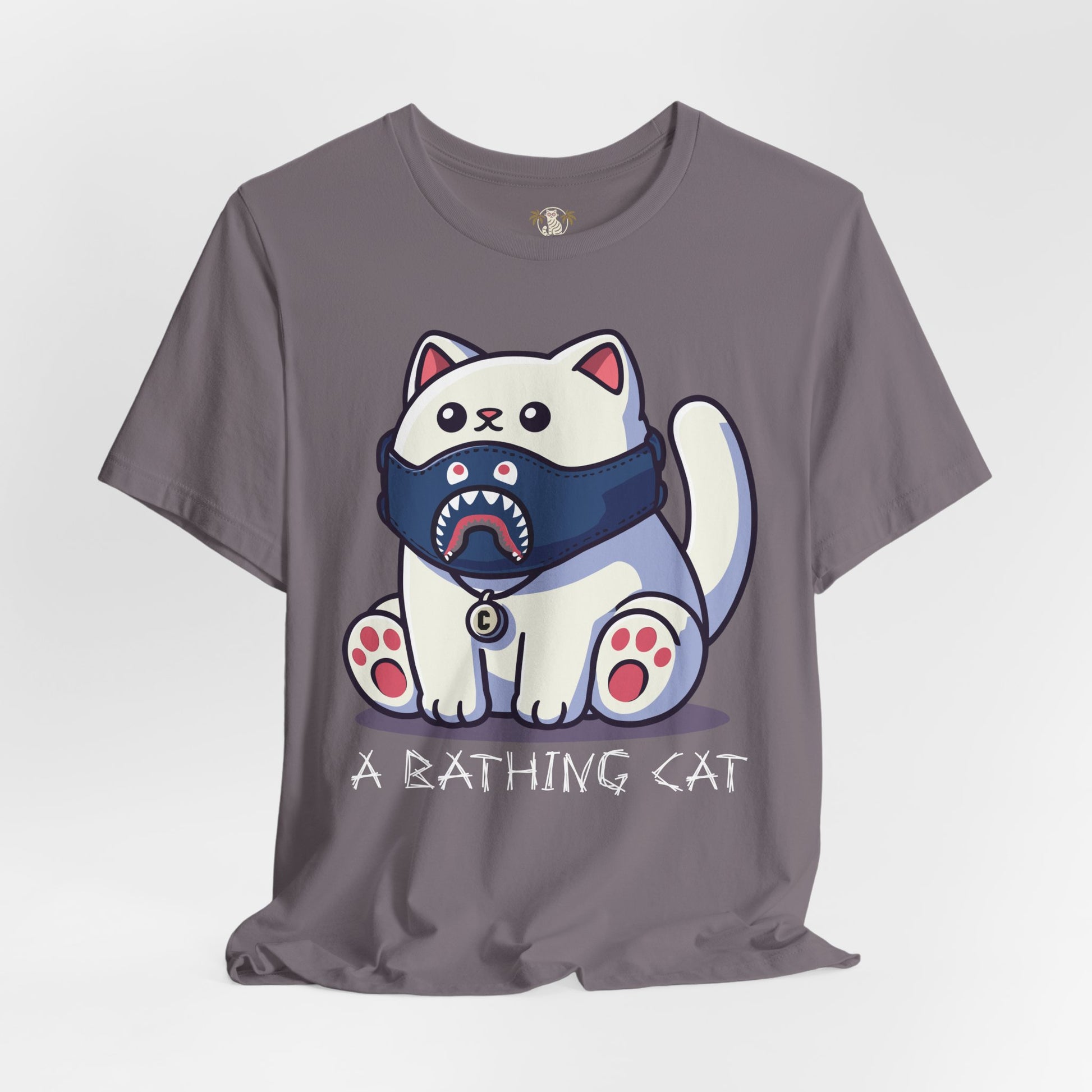 storm gray masked kitty graphic t shirt, front studio photo, cotton tee for cat lovers