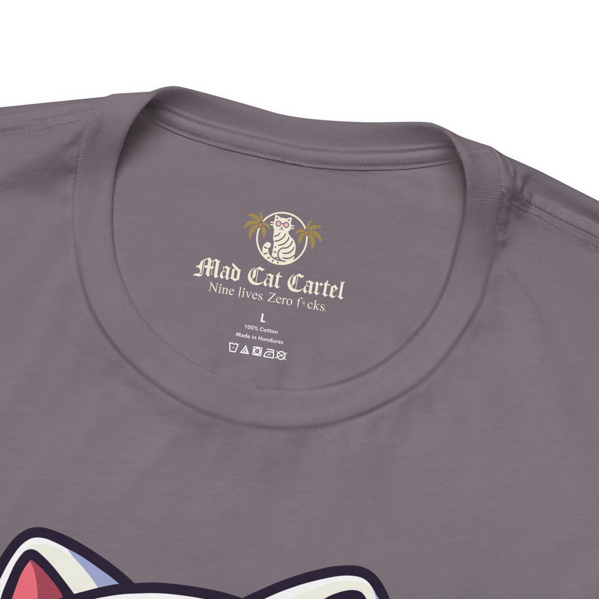 close-up of neckline and fabric texture, storm gray cotton graphic shirt