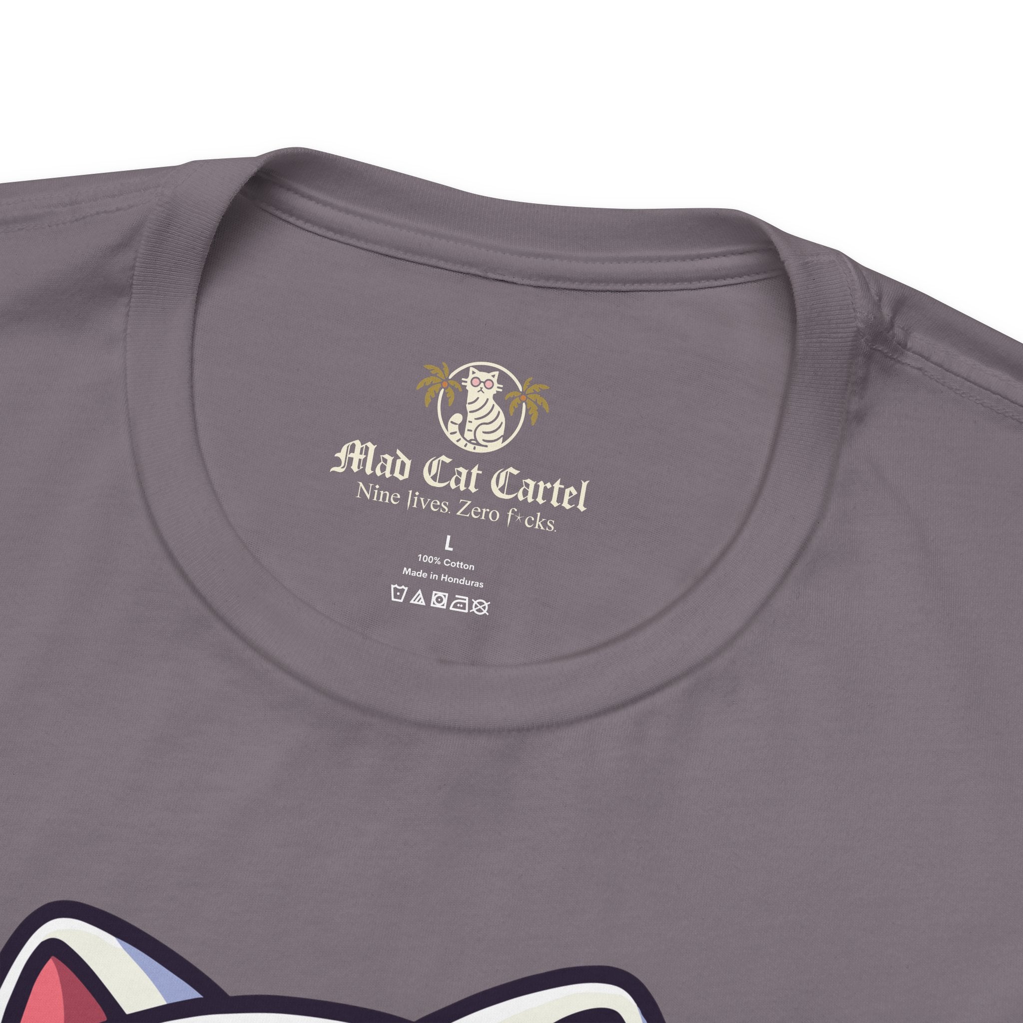 close-up of neckline and fabric texture, storm gray cotton graphic shirt