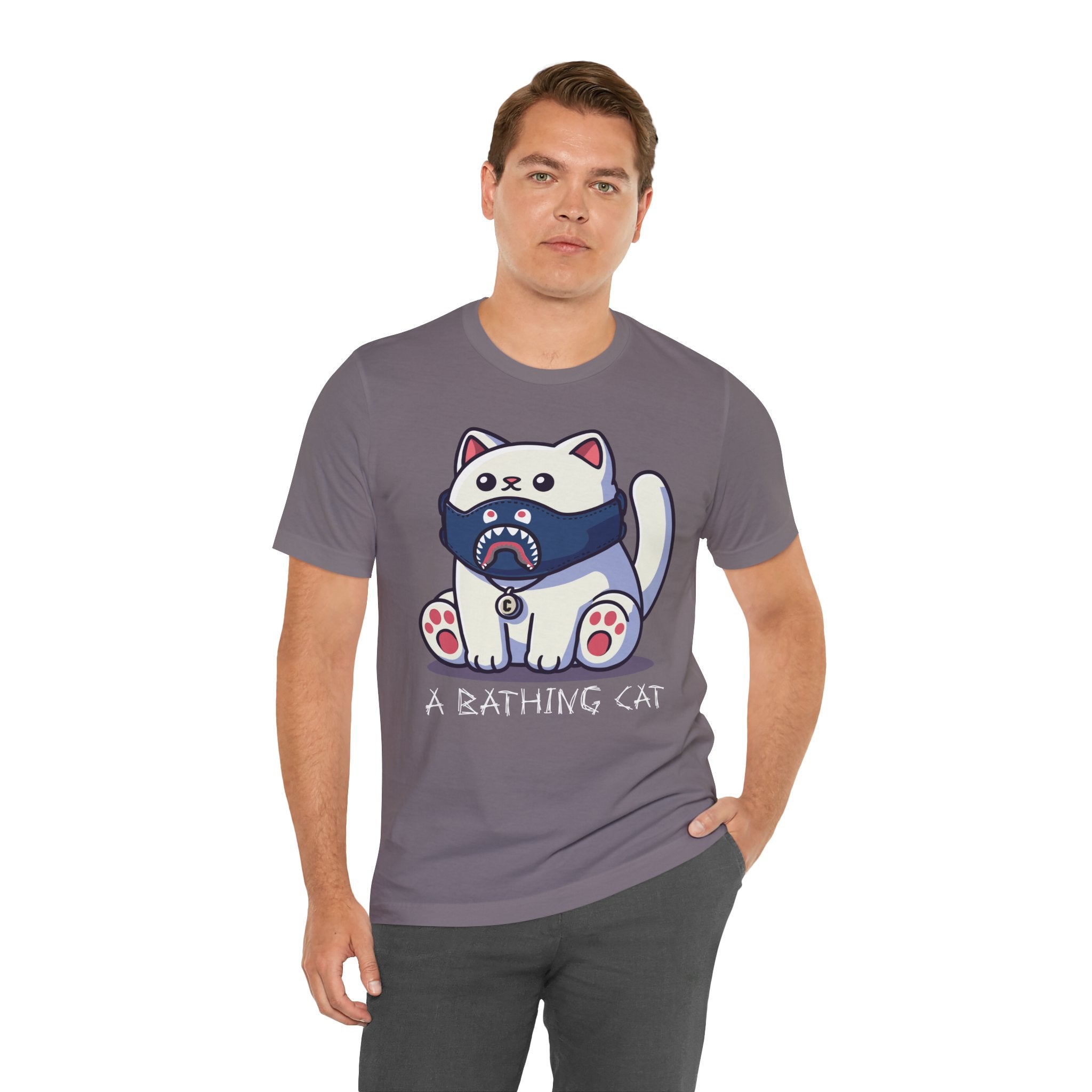 male model wearing storm gray masked kitty tee, relaxed funny streetwear shirt