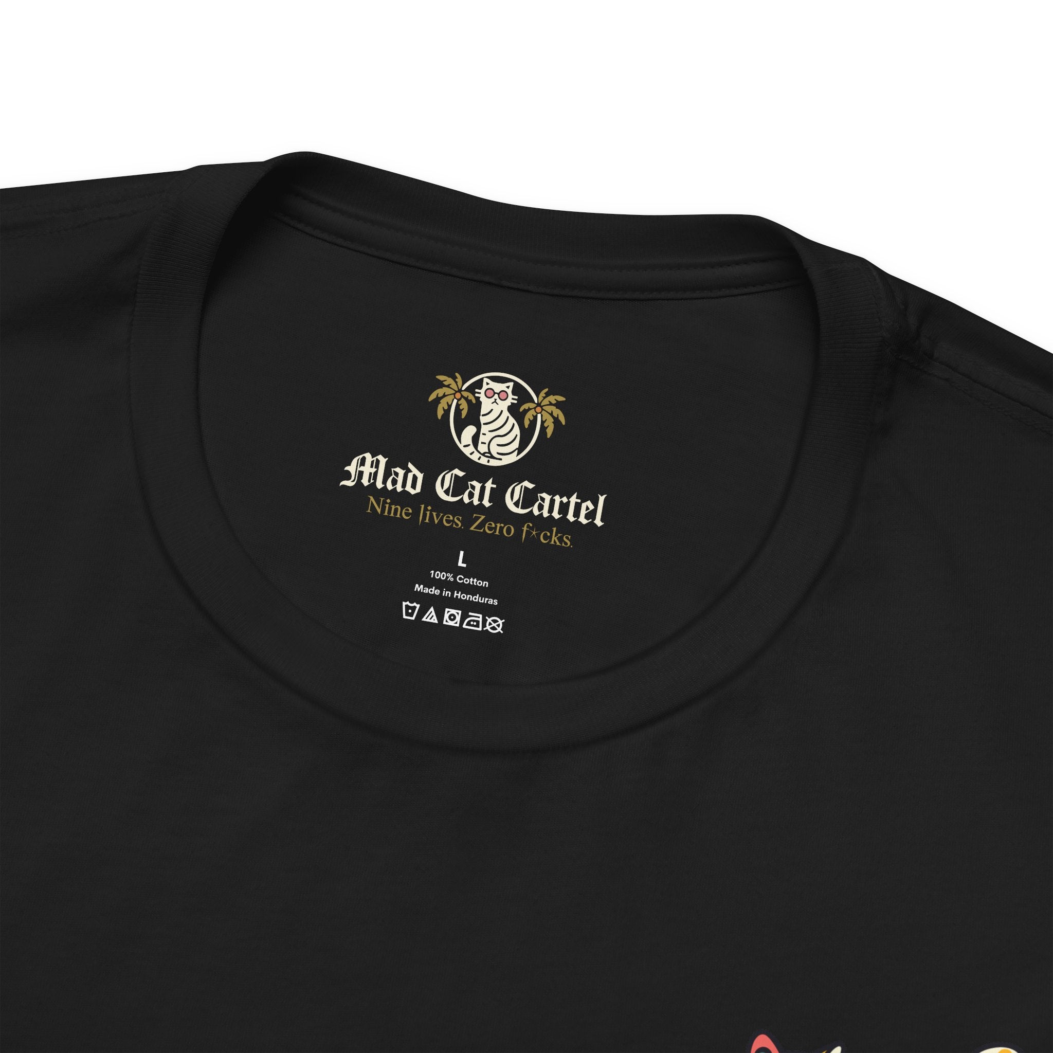 A Bathing Cat Ripple Camo T-Shirt in black, close-up detail
