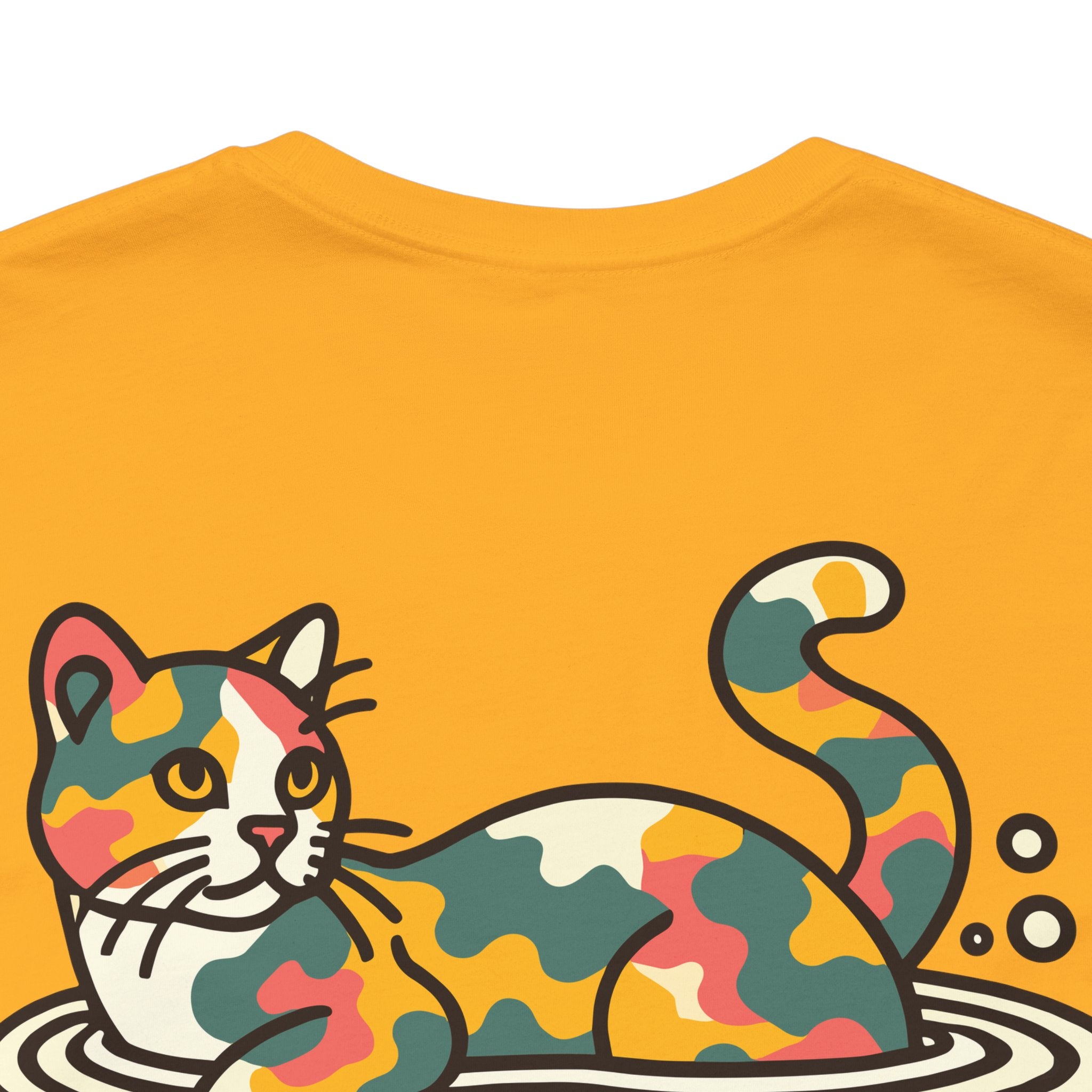 back view close-up of camo cat design, gold ripple A Bathing Cat graphic tee
